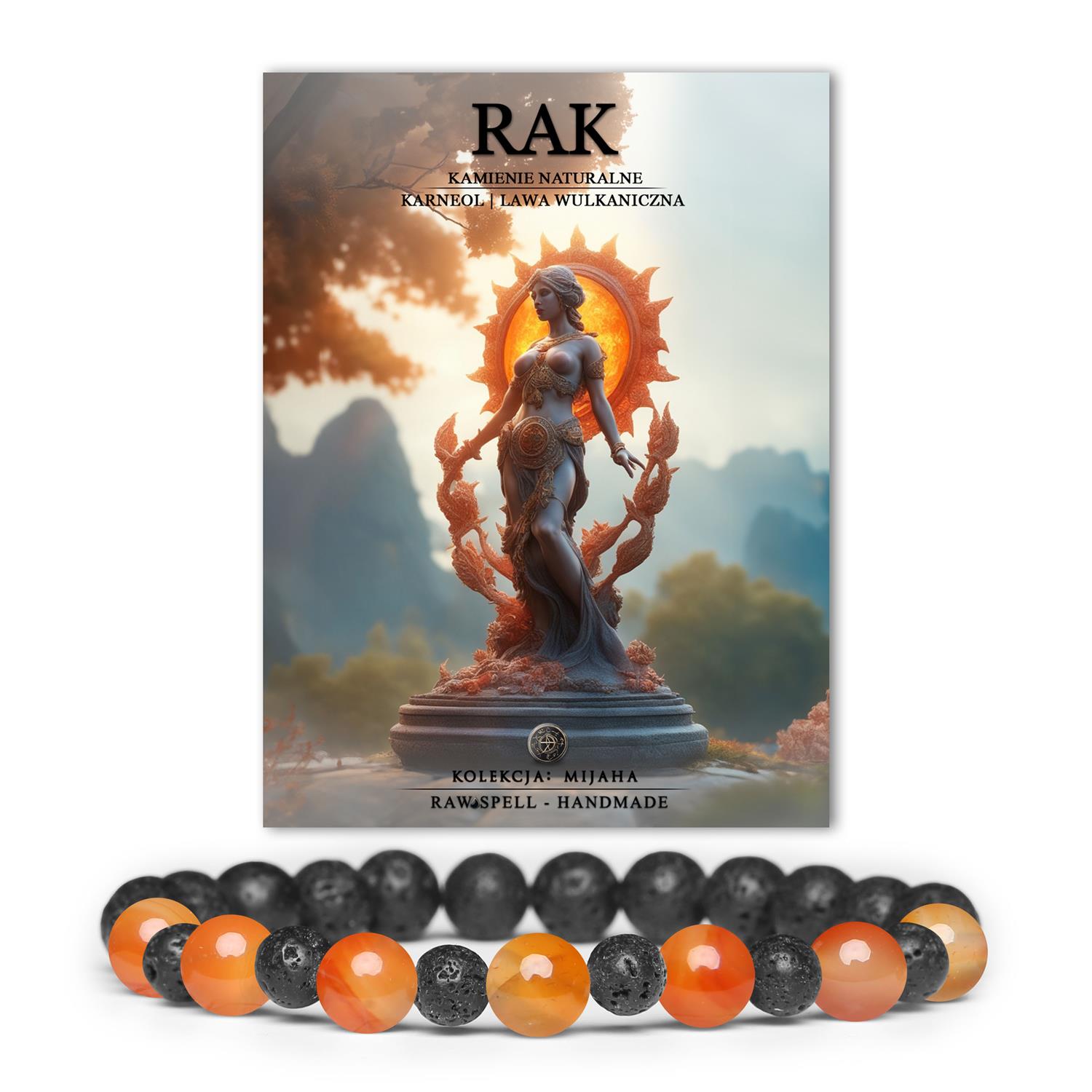 Odkryj bransoletki Mijaha z karneolem i lawą wulkaniczną, idealne dla Raka. Ku przeszłości w unikalnym stylu.