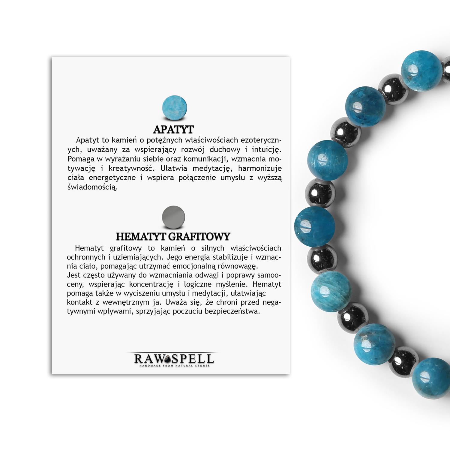 Elegancka bransoletka na gumce z kolekcji Mijaha - Apatyt oraz Hematyt grafitowy przeznaczona dla Kobiet i Mężczyzn Apatyt i hematyt grafitowy - biżuteria z kolekcji Mijaha dla kobiet i mężczyzn.