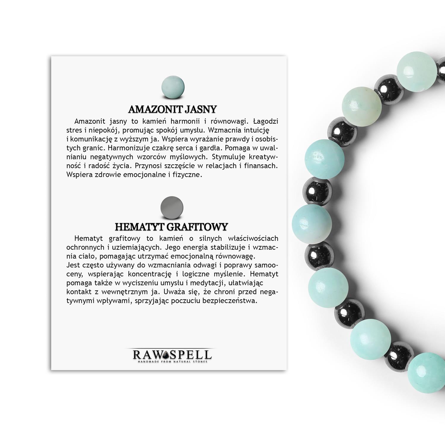 Elegancka bransoletka na gumce z kolekcji Mijaha, wykonana z Amazonitu Jasnego i Hematytu grafitoweg Elegancka kolekcja Mijaha zawierająca jasny amazonit i hematyt grafitowy, dedykowana zarówno kobietom, jak i mężczyznom.