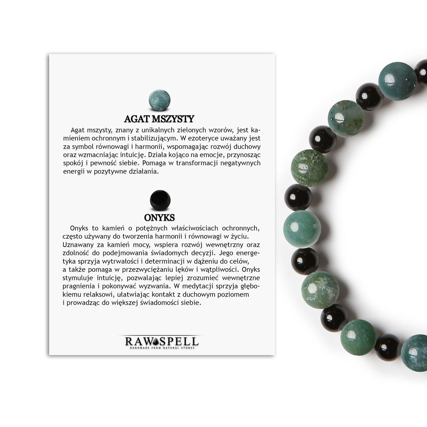 Elegancka bransoletka z Agatem Mszystym i Onyksowym na gumce z kolekcji Mijaha, dla Kobiet i Mężczyzn Bransoletka na gumce z kamieni naturalnych Mijaha - agat mszysty i onyks, uniwersalna dla każdego