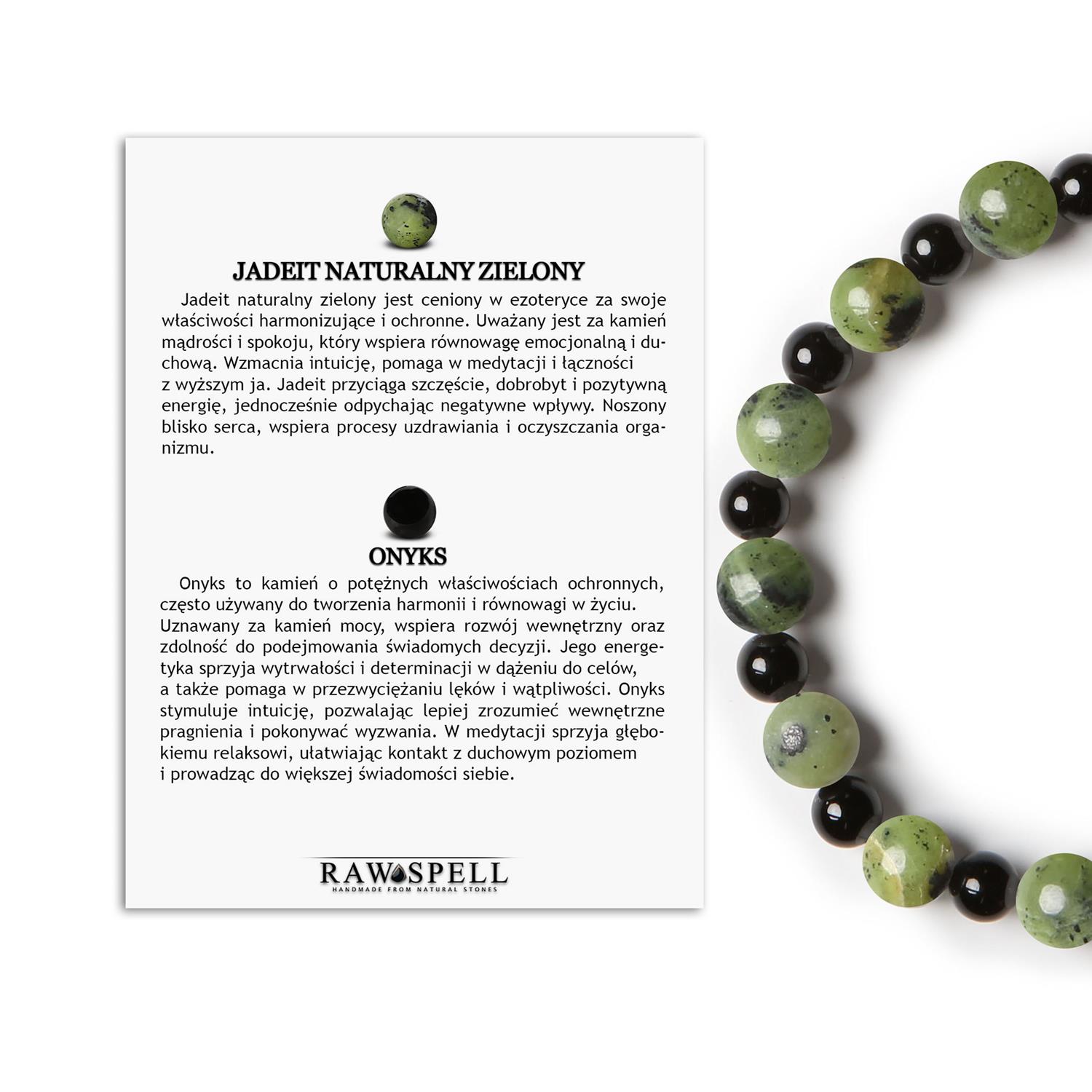 Elegancka bransoletka z Jadeitu Zielonego i Onyksu na gumce z kolekcji Mijaha dla Kobiet i Mężczyzn Bransoletka z kamieni naturalnych na gumce z kolekcji Mijaha - Jadeit Zielony i Onyks, dla Kobiet i Mężczyzn