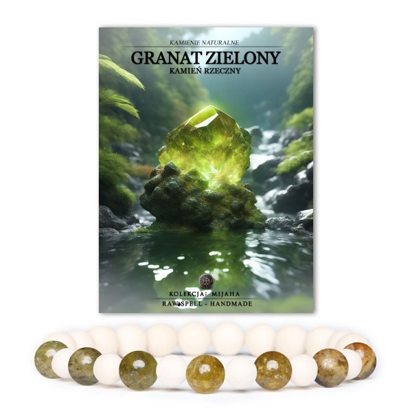 Stylowa bransoletka Mijaha z naturalnych kamieni: zielony granat i kamień rzeczny, doskonała na każdą okazję.