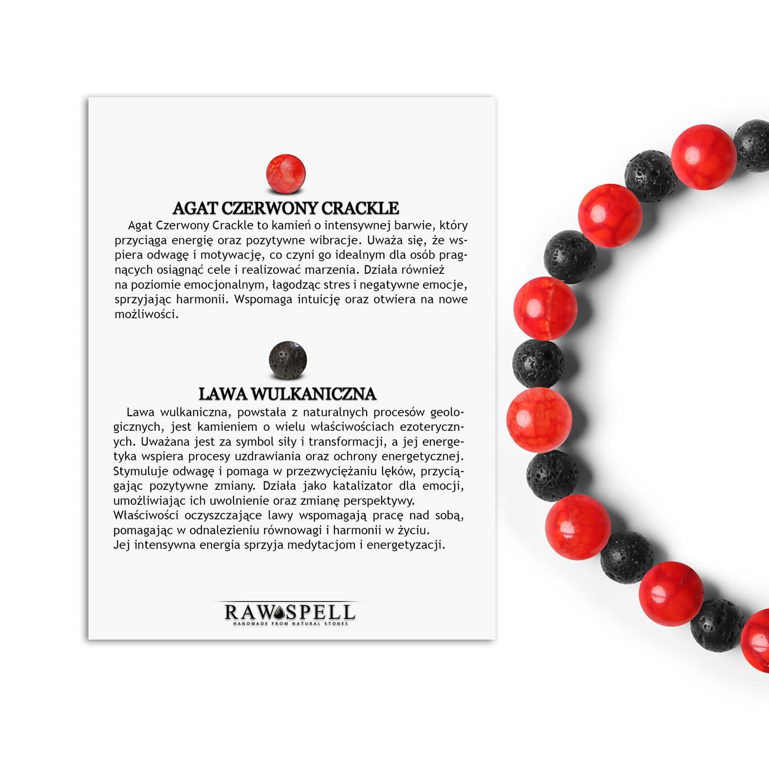 Elegancka bransoletka z kamieni naturalnych Mijaha - Agat Czerwony i Lawa Wulkaniczna Oryginalne połączenie Agatu Czerwonego Crackle z Lawą Wulkaniczną - biżuteria dla kobiet i mężczyzn, którzy lubią wyróżniać się z tłumu.