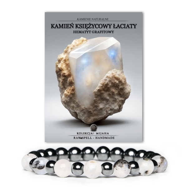 Ekskluzywna biżuteria z Kamienia Księżycowego Łaciatego i Hematytu grafitowego, kolekcja Mijaha dla kobiet i mężczyzn, łącząca elegancję z naturalnym pięknem.