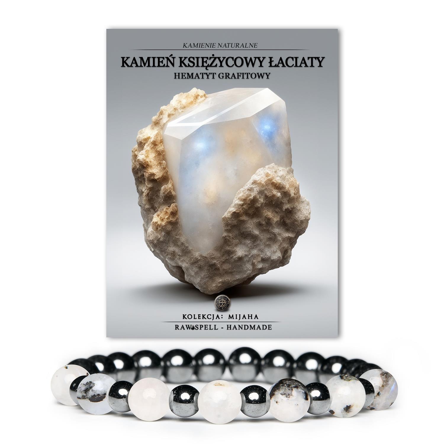 Ekskluzywna biżuteria z Kamienia Księżycowego Łaciatego i Hematytu grafitowego, kolekcja Mijaha dla kobiet i mężczyzn, łącząca elegancję z naturalnym pięknem.