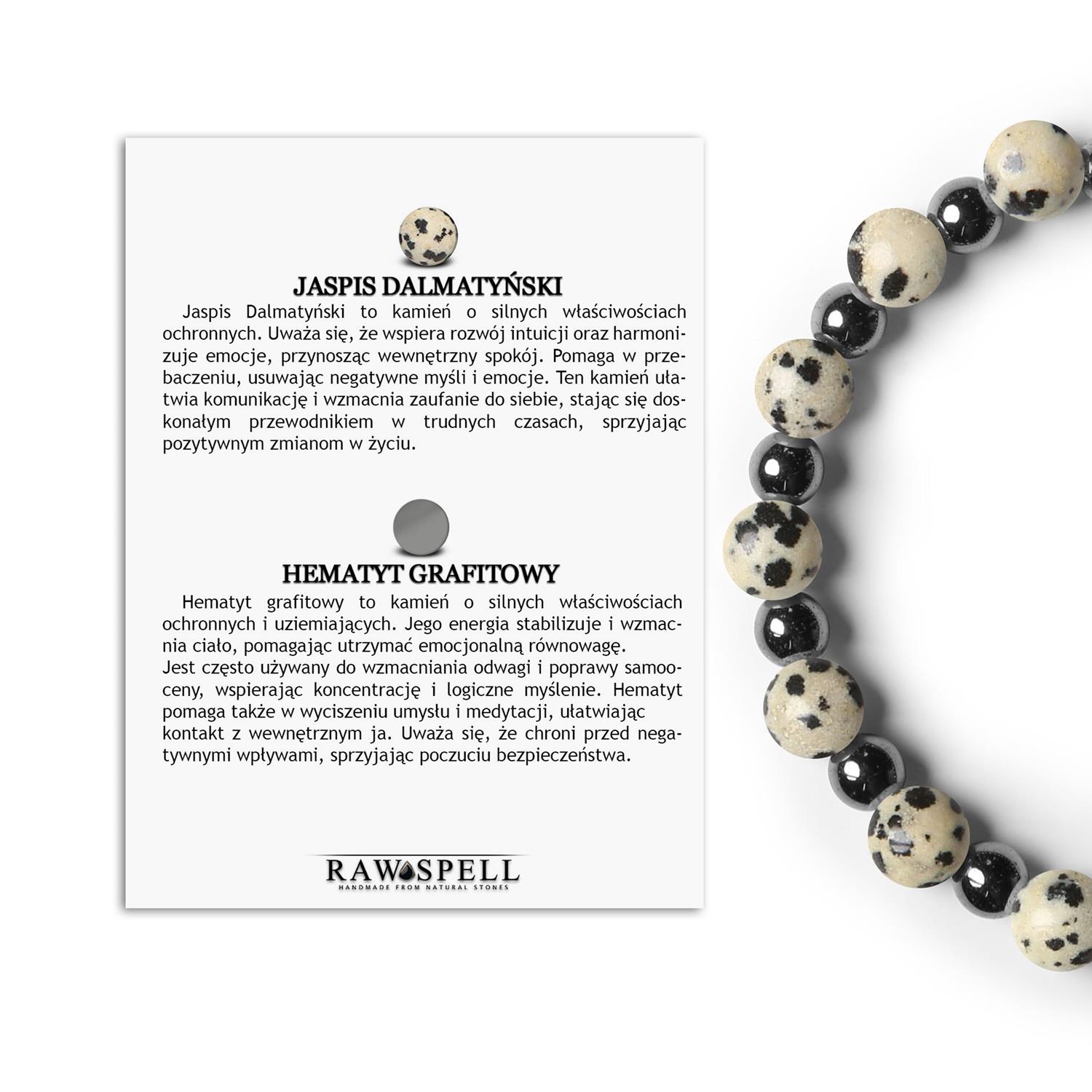 Elegancka bransoletka z kamieni naturalnych na gumce - Jaspis Dalmatyński, Hematyt grafitowy, idealna dla Kolczyki z Jaspisem Dalmatyńskim i Hematytem grafitowym, unikatowa biżuteria dla kobiet i mężczyzn, kolekcja Mijaha.