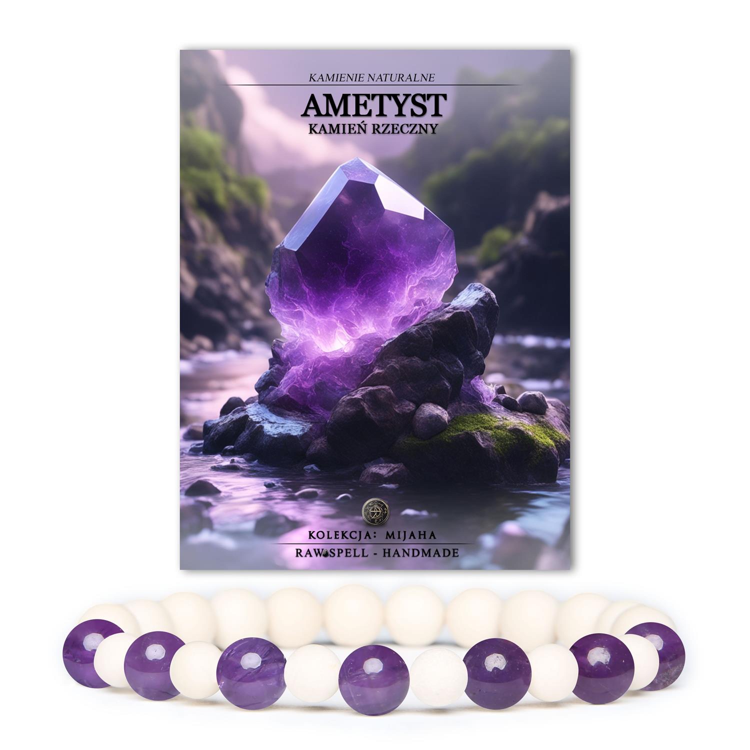 Bransoletka Mijaha z naturalnymi kamieniami: ametyst i kamień rzeczny. Idealna dla kobiet i mężczyzn.
