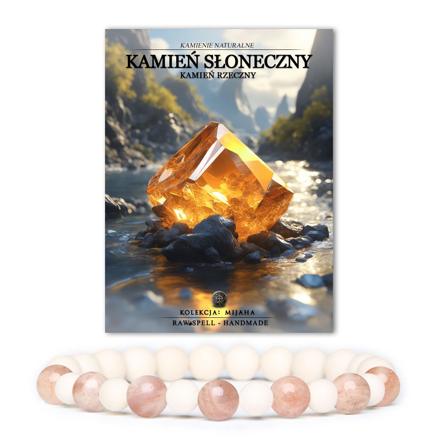 Bransoletka Mijaha z naturalnymi kamieniami, w tym Kamieniem Słonecznym i Rzecznym, stworzona dla kobiet i mężczyzn.