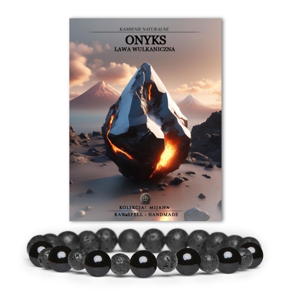 Elegancka bransoletka Mijaha z naturalnymi kamieniami onyksu i lawy wulkanicznej, doskonała ozdoba dla kobiet i mężczyzn.