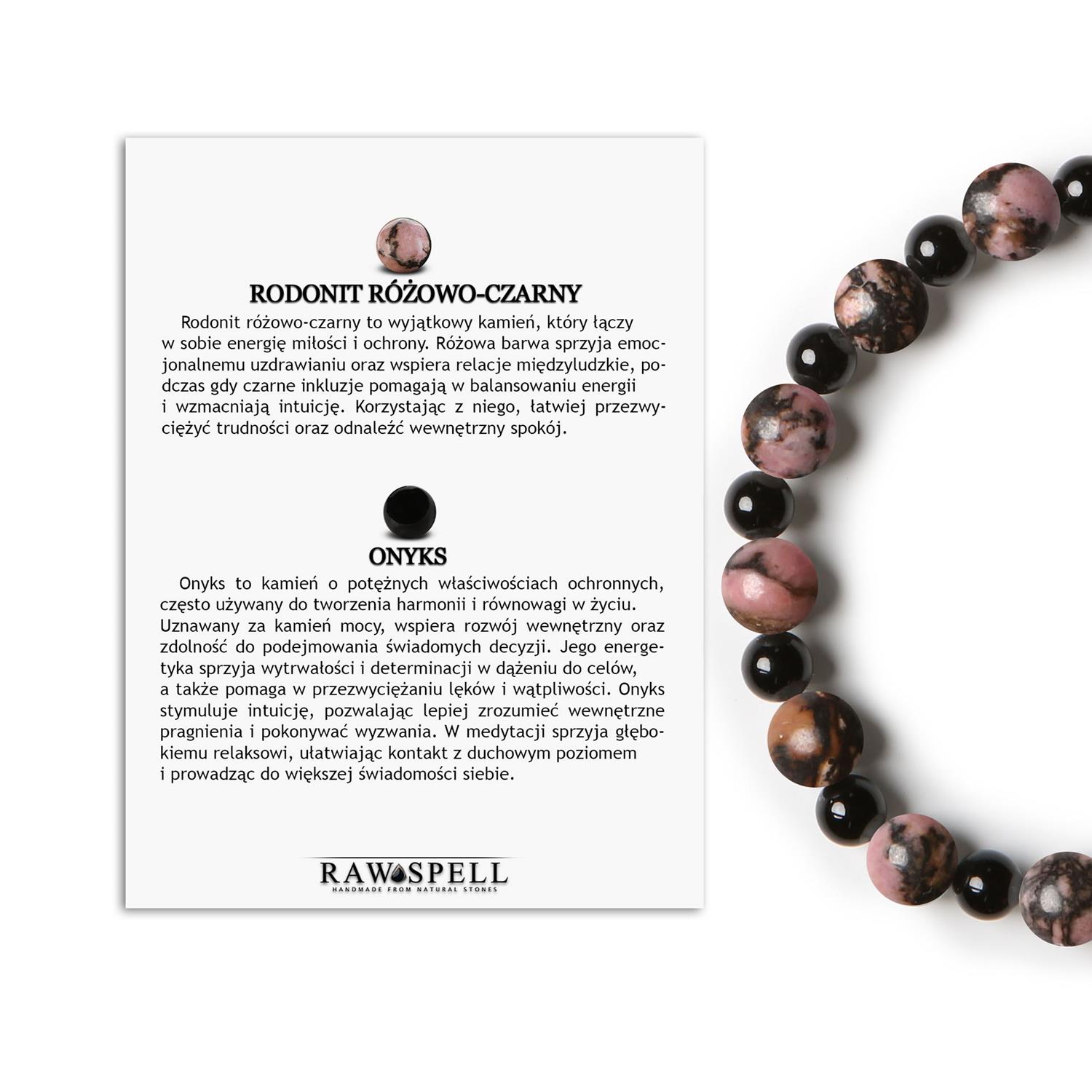 Elegancka bransoletka z kamieni naturalnych na gumce z kolekcji Mijaha - Rodonit Różowo-Czarny i Onyks Bransoletka na gumce z rodonitu i onyksu z kolekcji Mijaha - styl dla kobiet i mężczyzn