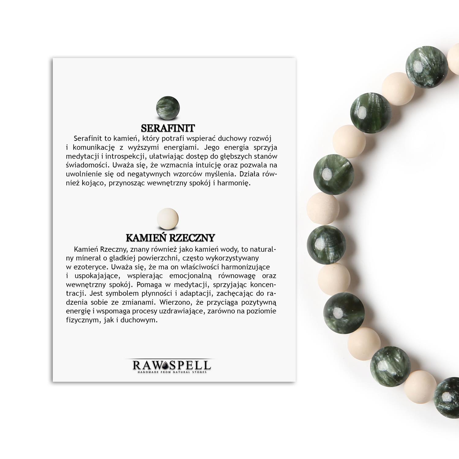 Elegancka bransoletka z kamieni naturalnych na gumce z kolekcji Mijaha, zawierająca Serafinit i Kamień Rzeczny Stylowa bransoletka Mijaha z kamieni naturalnych, w tym serafinitu i kamieni rzecznych, doskonała dla obu płci.