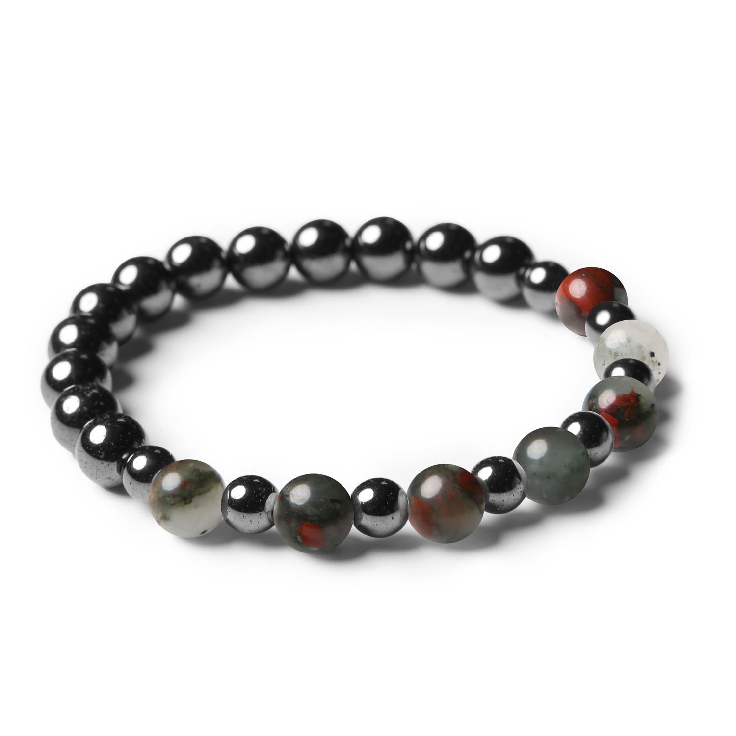 Stylowa biżuteria z heliotropowego i hematytowego kamienia, kolekcja Mijaha dla nowoczesnych kobiet i mężczyzn.