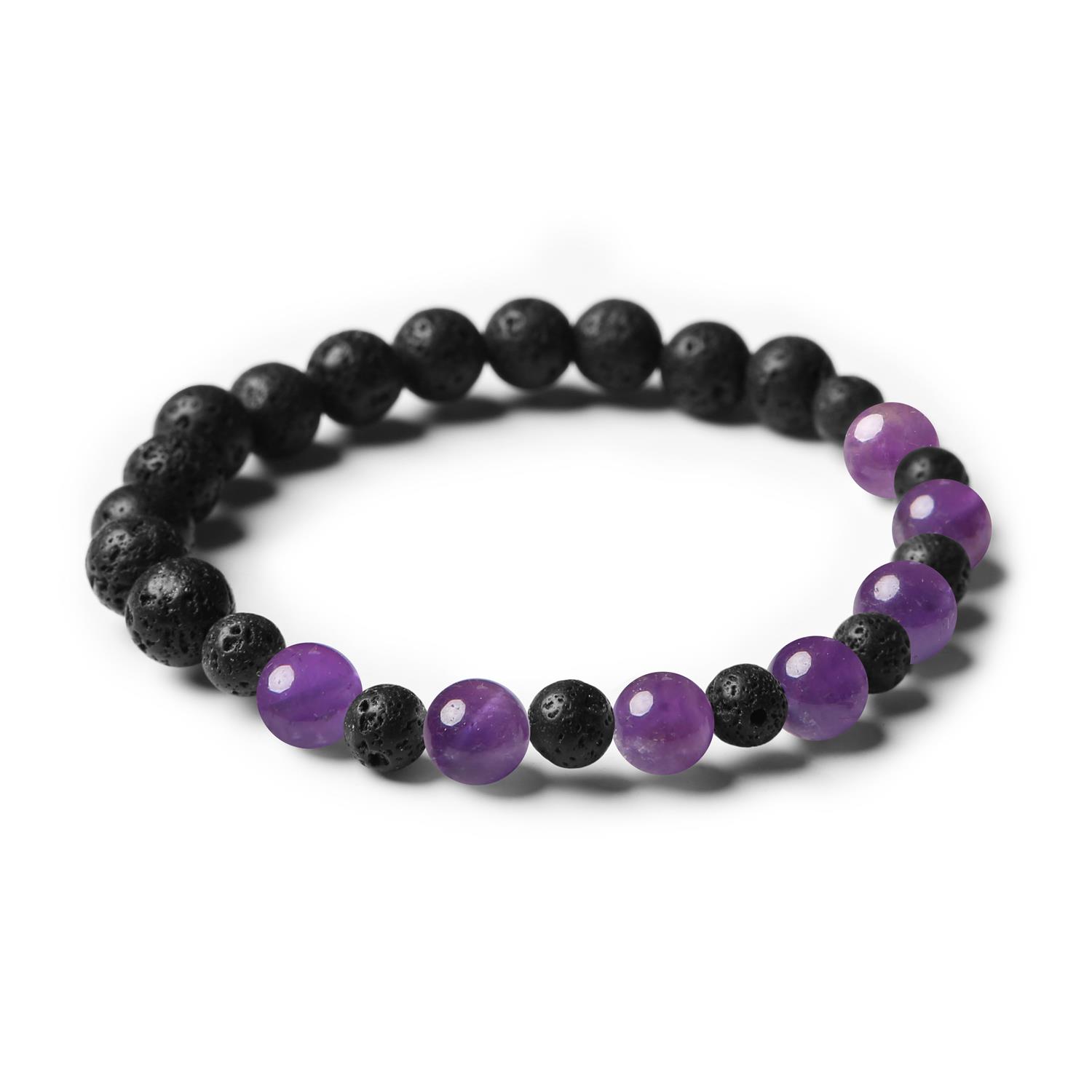 Bransoletka Mijaha z kamieniami ametystu i lawy wulkanicznej - wyjątkowy dodatek dla kobiet i mężczyzn.