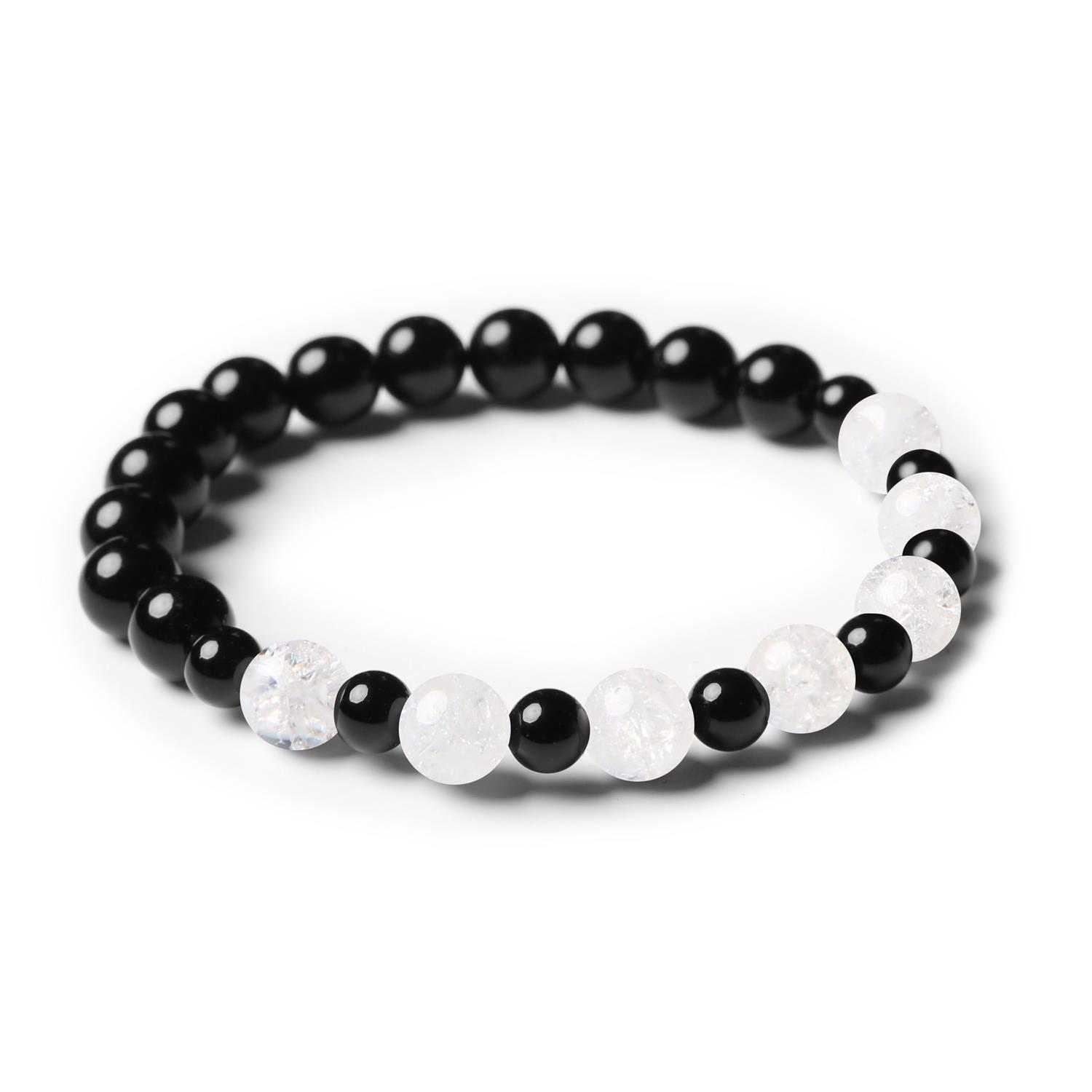 Bransoletka z kamieni naturalnych Mijaha - połączenie Kryształu Górskiego Lodowego i Onyksu na gumce, idealna dla obu płci