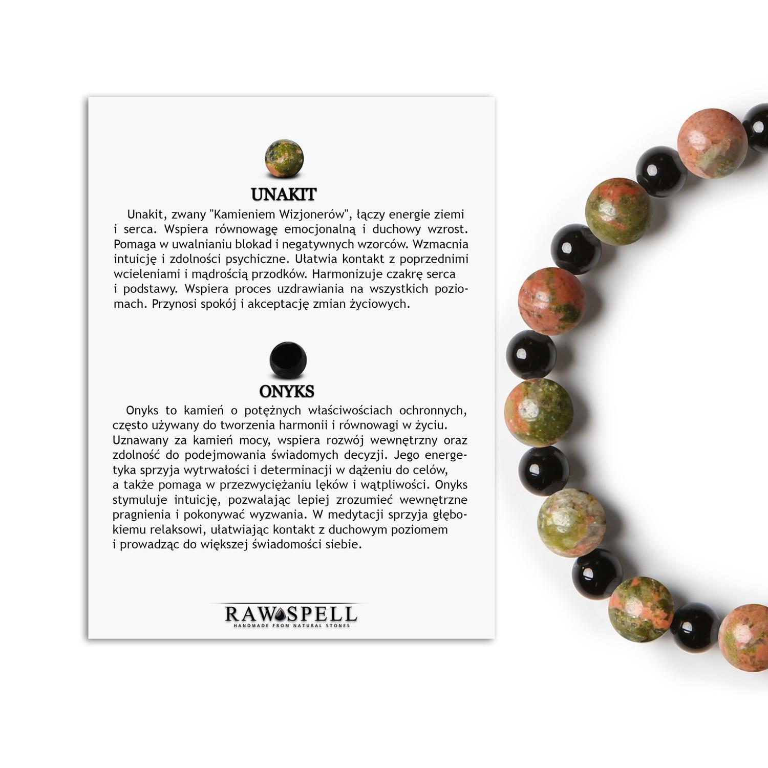 Kolekcja Mijaha - Bransoletka z Unakitu i Onyksu na gumce, stylowy dodatek dla kobiet i mężczyzn Bransoletka na gumce z naturalnych kamieni - unakit i onyks z kolekcji Mijaha