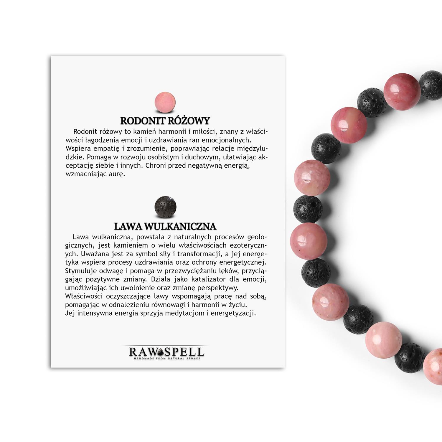 Kolekcja Mijaha - Bransoletka z kamieni naturalnych na gumce z Rodonitem Różowym i Lawą Wulkaniczną Unikalna bransoletka z kamieniami naturalnymi - różowy rodonit i lawa wulkaniczna, idealna dla kobiet i mężczyzn z kolekcji Mijaha.