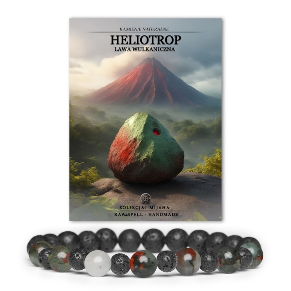 Kamień heliotrop w otoczeniu lawy wulkanicznej, symbol siły i energii, dedykowany zarówno kobietom, jak i mężczyznom.