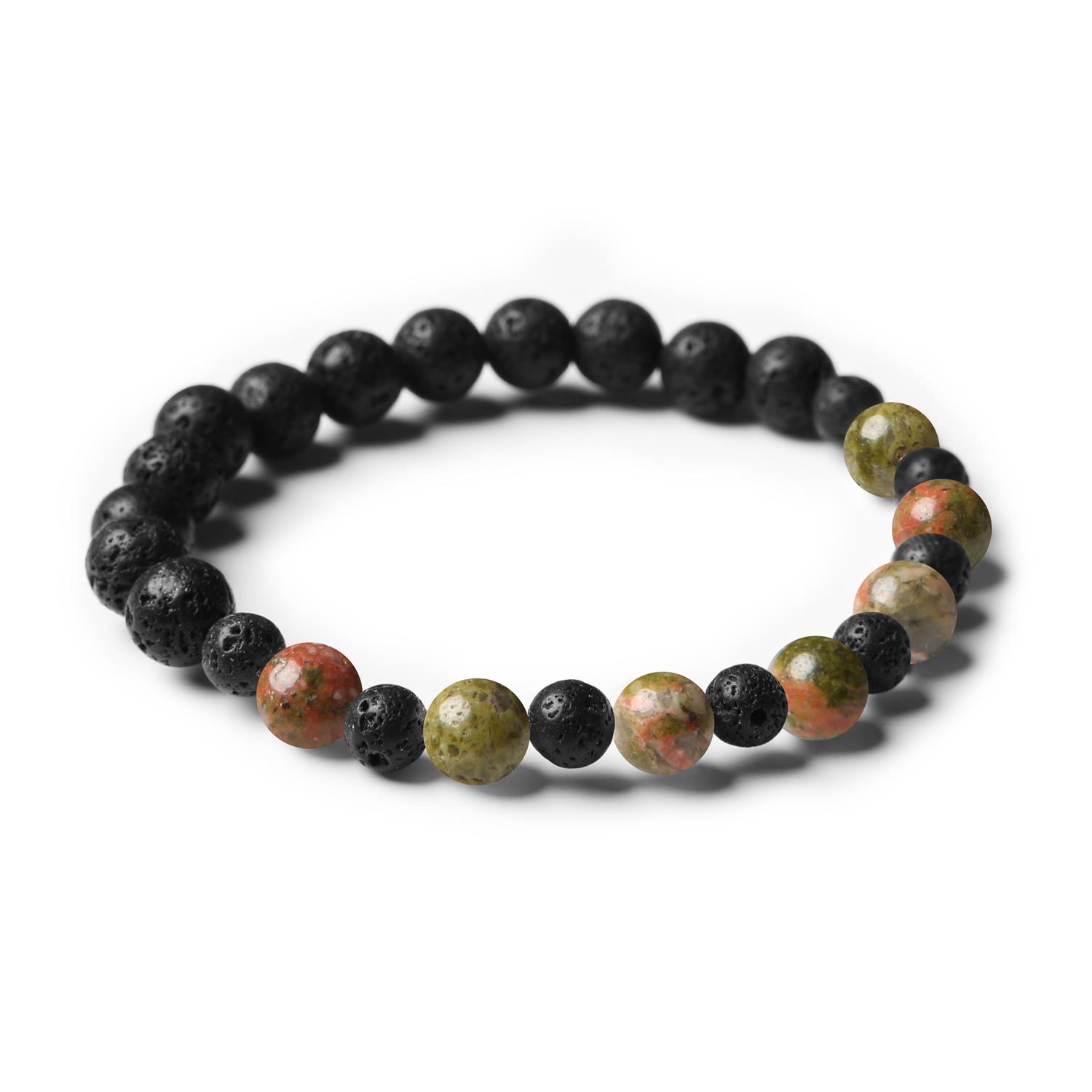 Stylowa bransoletka z kolekcji Mijaha, wykonana z unakitu i lawy wulkanicznej - idealna dla każdej płci.