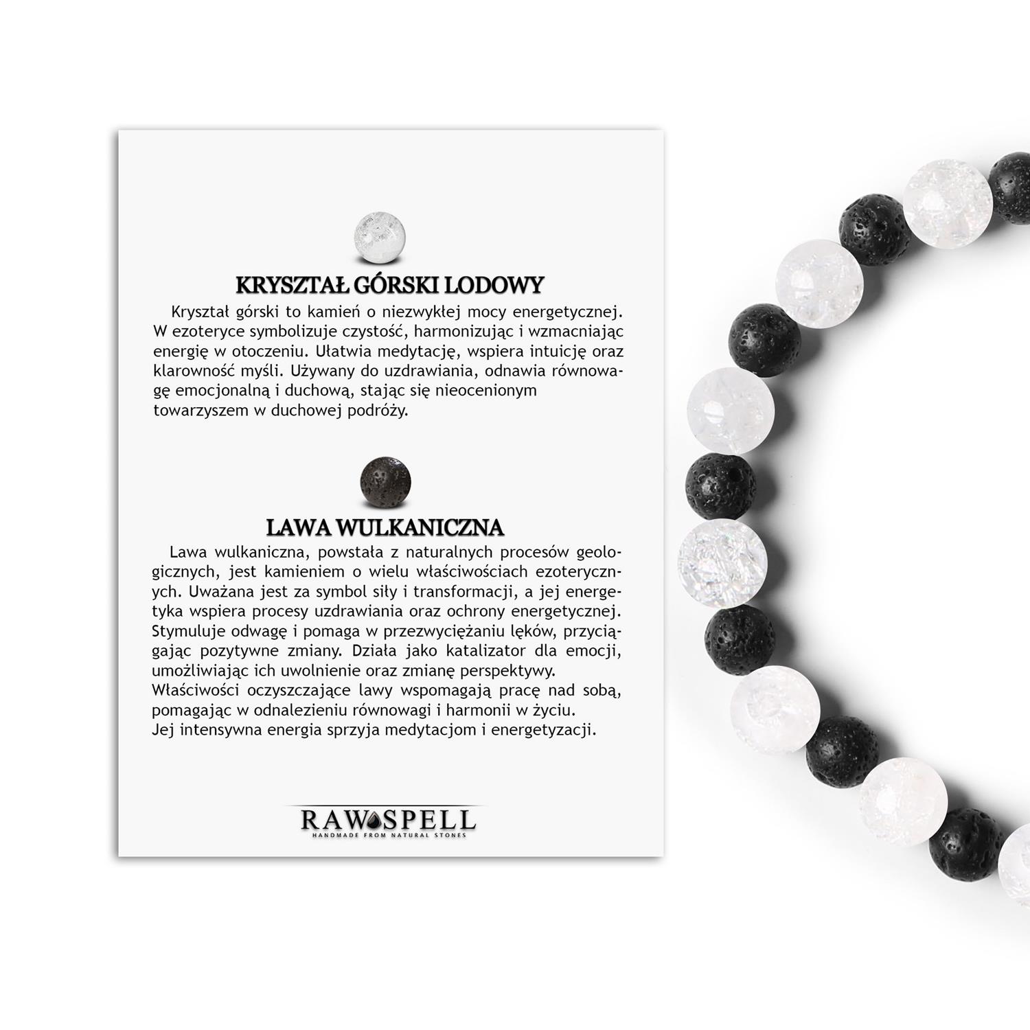 Kolekcja Mijaha bransoletka z Kryształem Górskim Lodowym i Lawą Wulkaniczną na gumce, doskonała Stylowa bransoletka Mijaha z naturalnych materiałów: Kryształ Górski Lodowy i Lawa Wulkaniczna, dostępna dla kobiet i mężczyzn.