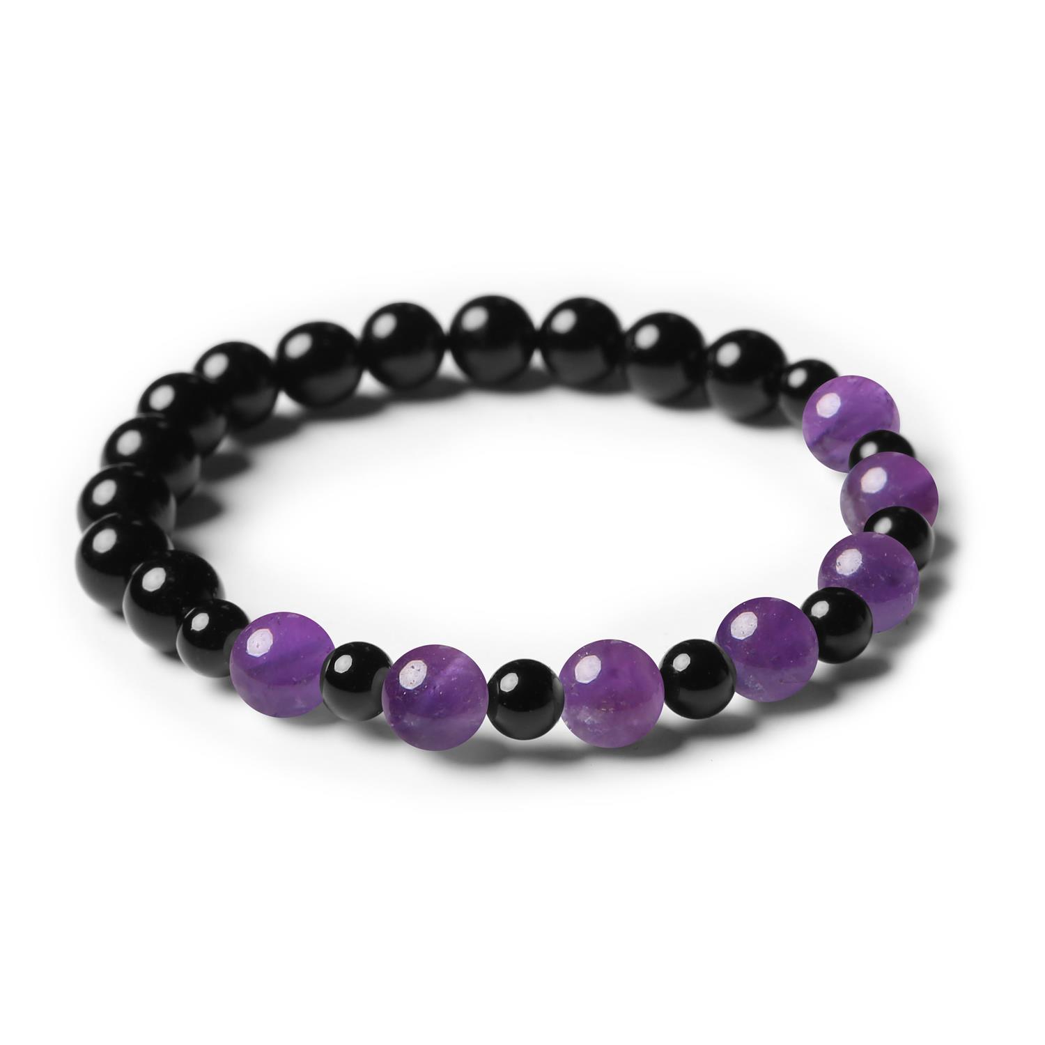 Elegancka bransoletka z kamieni naturalnych na gumce z kolekcji Mijaha z ametystu i onyksu, uniwersalna dla Kobiet i Mężczyzn
