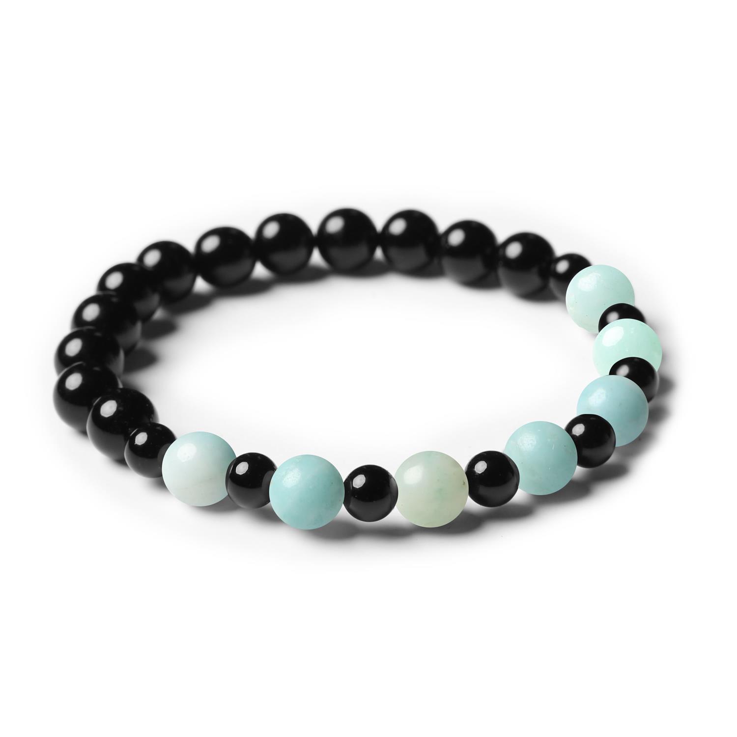 Bransoletka z gumki z kamieniami naturalnymi Mijaha - jasny amazonit i onyks, odpowiednia dla kobiet i mężczyzn