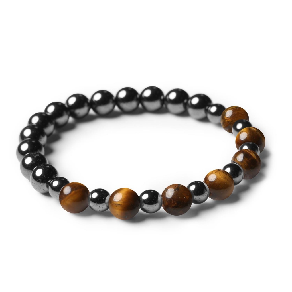 Kolekcja Mijaha – Bransoletka na gumce z Tygrysim Okiem i Hematytem grafitowym, idealna dla Kobiet i Mężczyzn Biżuteria z Tygrysim Okiem i Hematytem grafitowym z kolekcji Mijaha, unisex – idealna dla kobiet i mężczyzn.