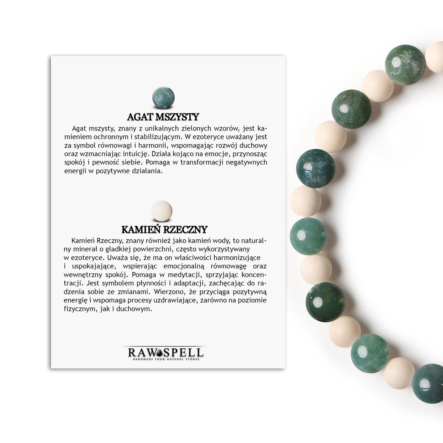 Kolekcja Mijaha – Bransoletka z Agatem Mszystym i Kamieniem Rzecznym dla kobiet i mężczyzn Elegancka bransoletka Mijaha z naturalnych kamieni: agat mszysty i kamień rzeczny, przeznaczona dla kobiet i mężczyzn.