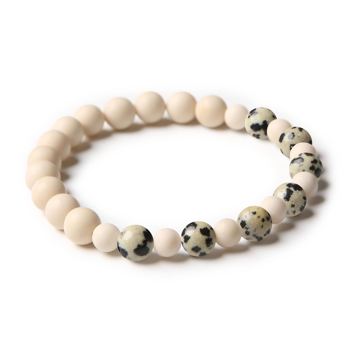 Bransoletka z naturalnych kamieni - Jaspis Dalmatyński i Kamień Rzeczny, z kolekcji Mijaha, stworzona dla kobiet i mężczyzn.