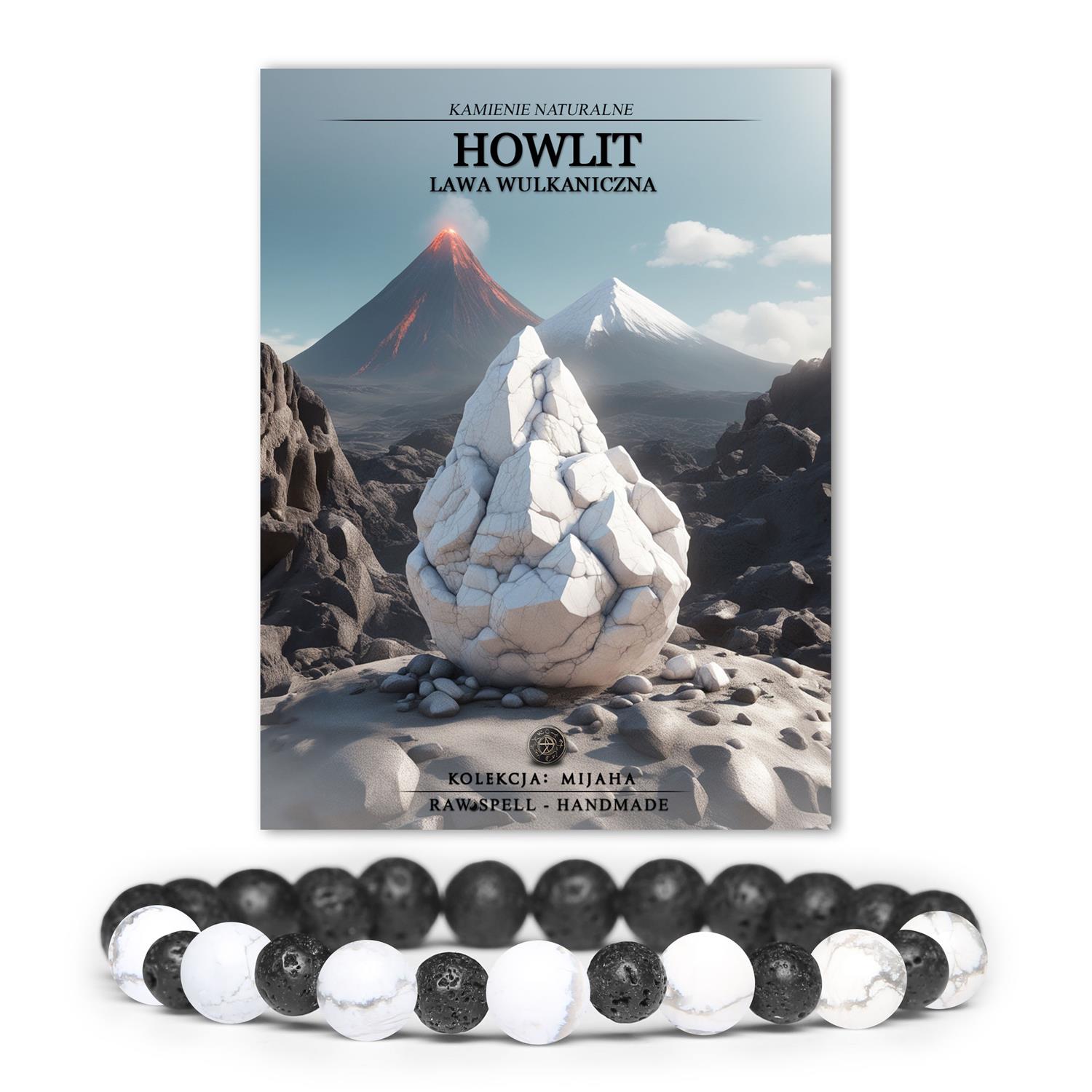 Stylowa bransoletka Mijaha z kamieni Howlit i lawy wulkanicznej, unisex - doskonały dodatek dla każdego.
