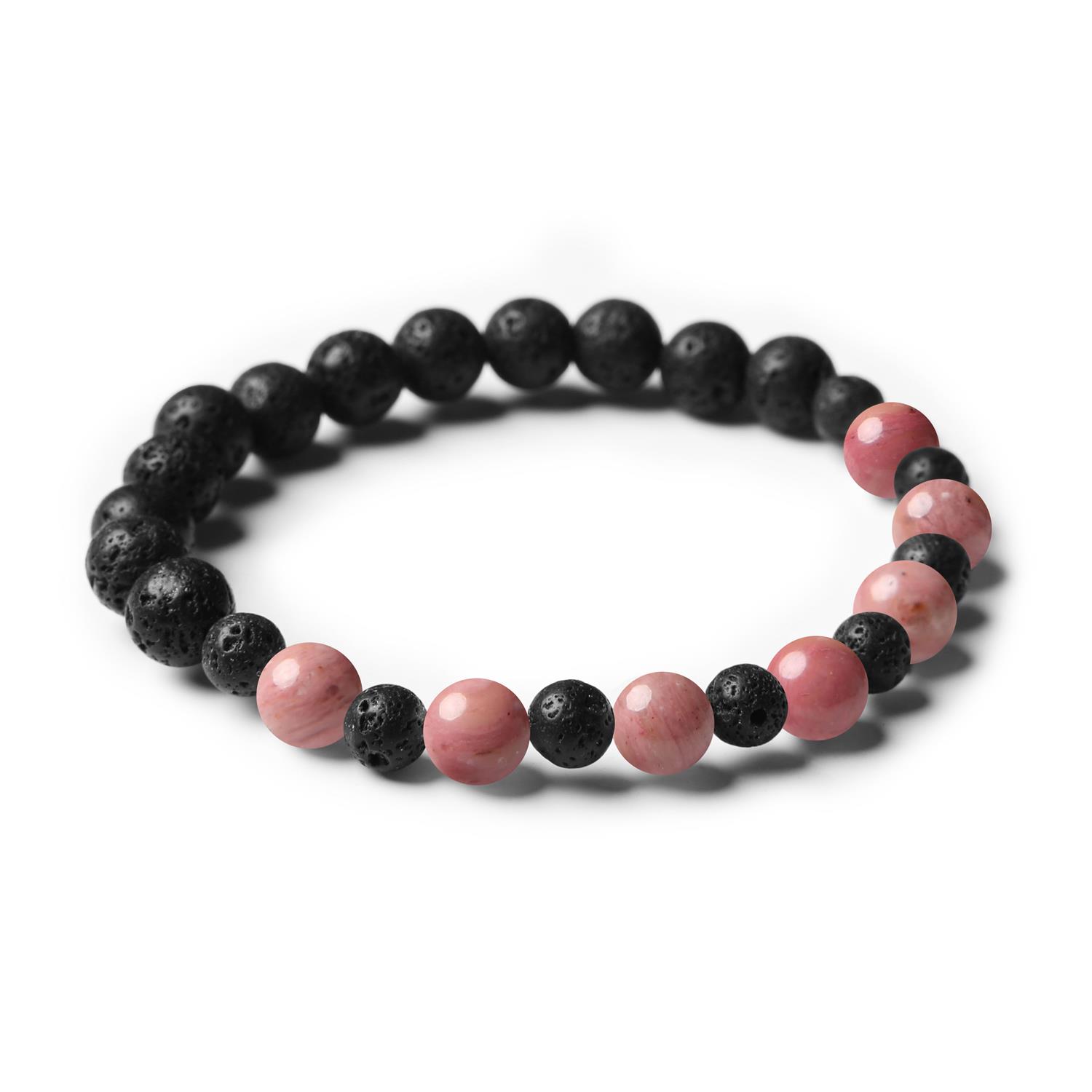 Stylowa bransoletka z kolekcji Mijaha, wykonana z naturalnych kamieni: różowego rodonitu i lawy wulkanicznej, dostępna dla obu płci.