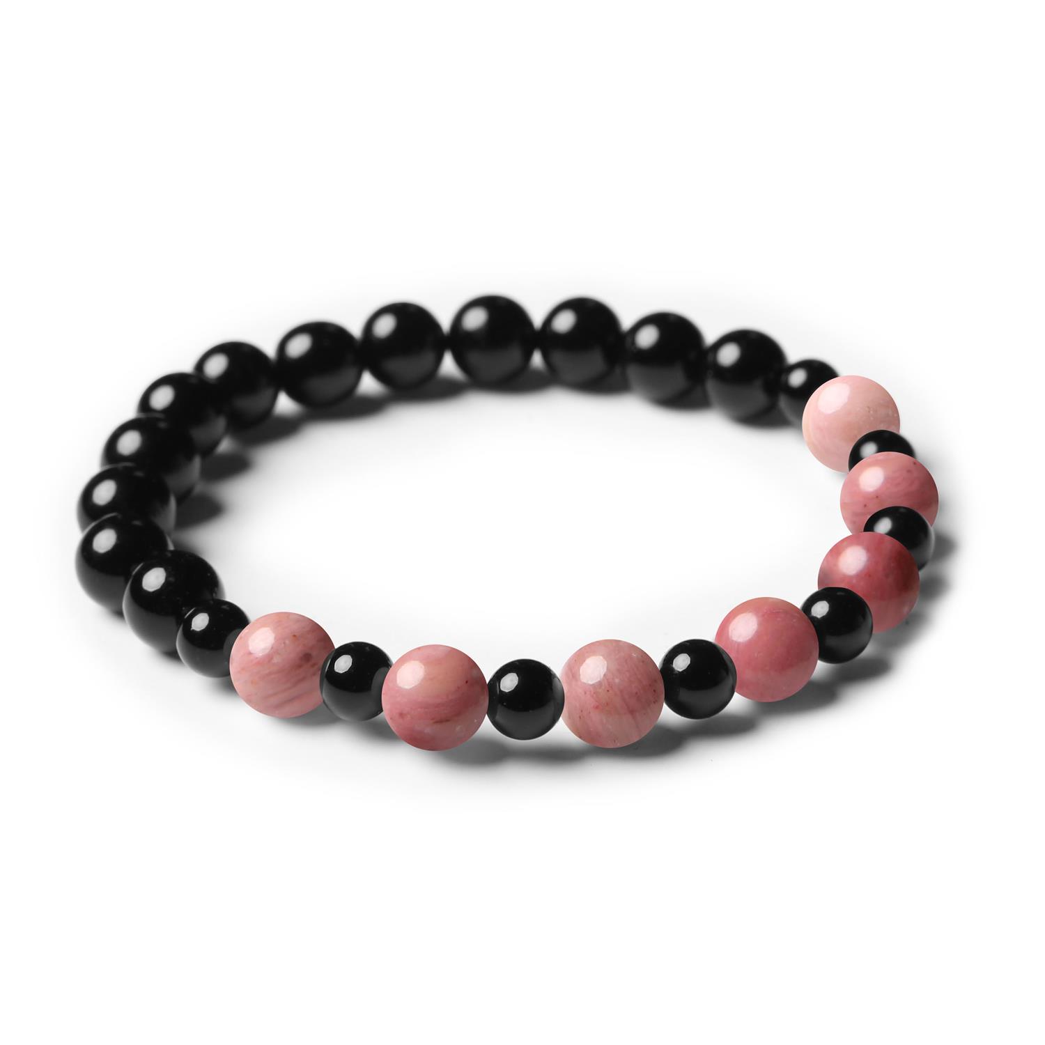Bransoletka Mijaha z naturalnych kamieni - Rodonit Różowy oraz Onyks, idealna dla kobiet i mężczyzn