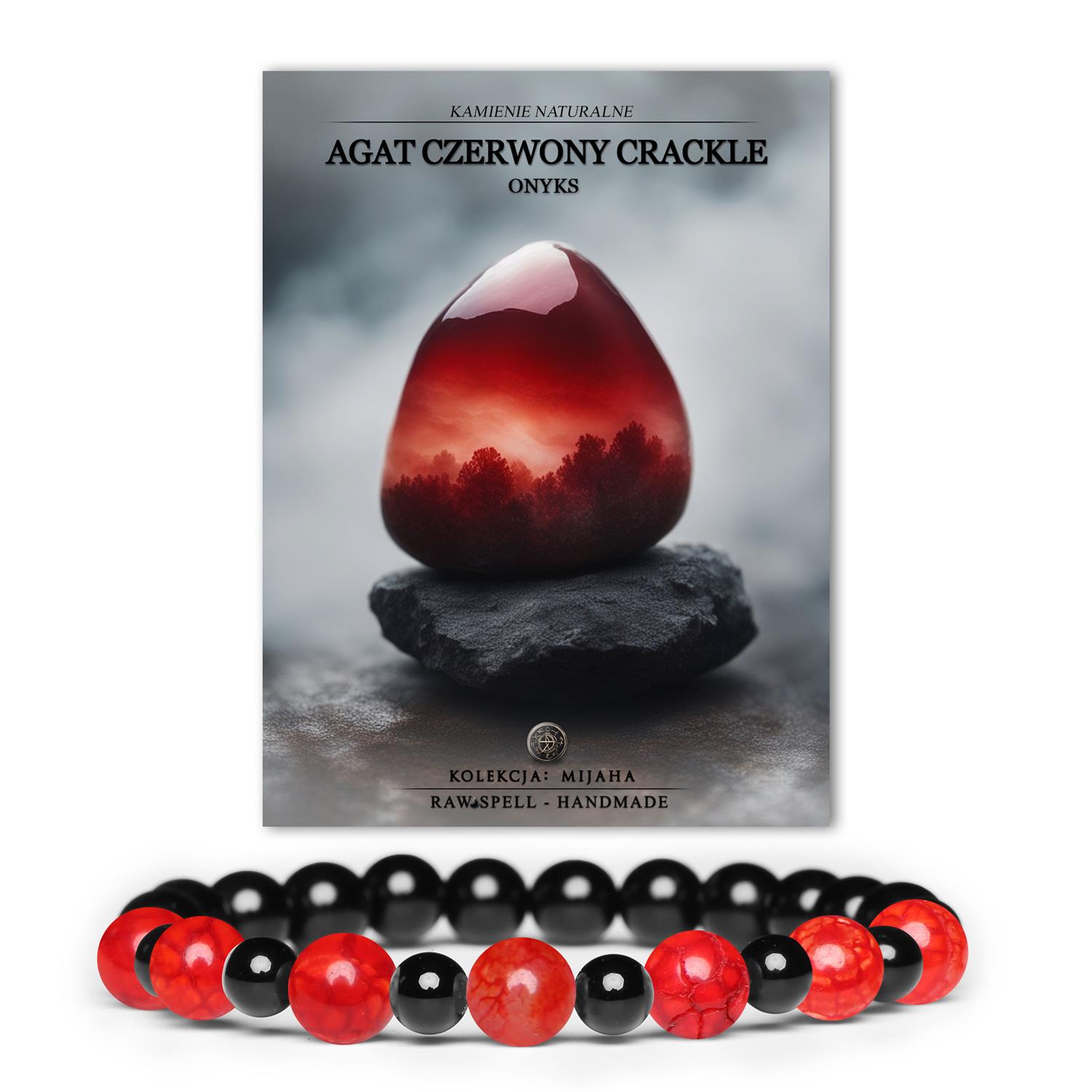 Bransoletka Mijaha z naturalnych kamieni: Agat Czerwony Crackle i Onyks, stworzona dla kobiet i mężczyzn