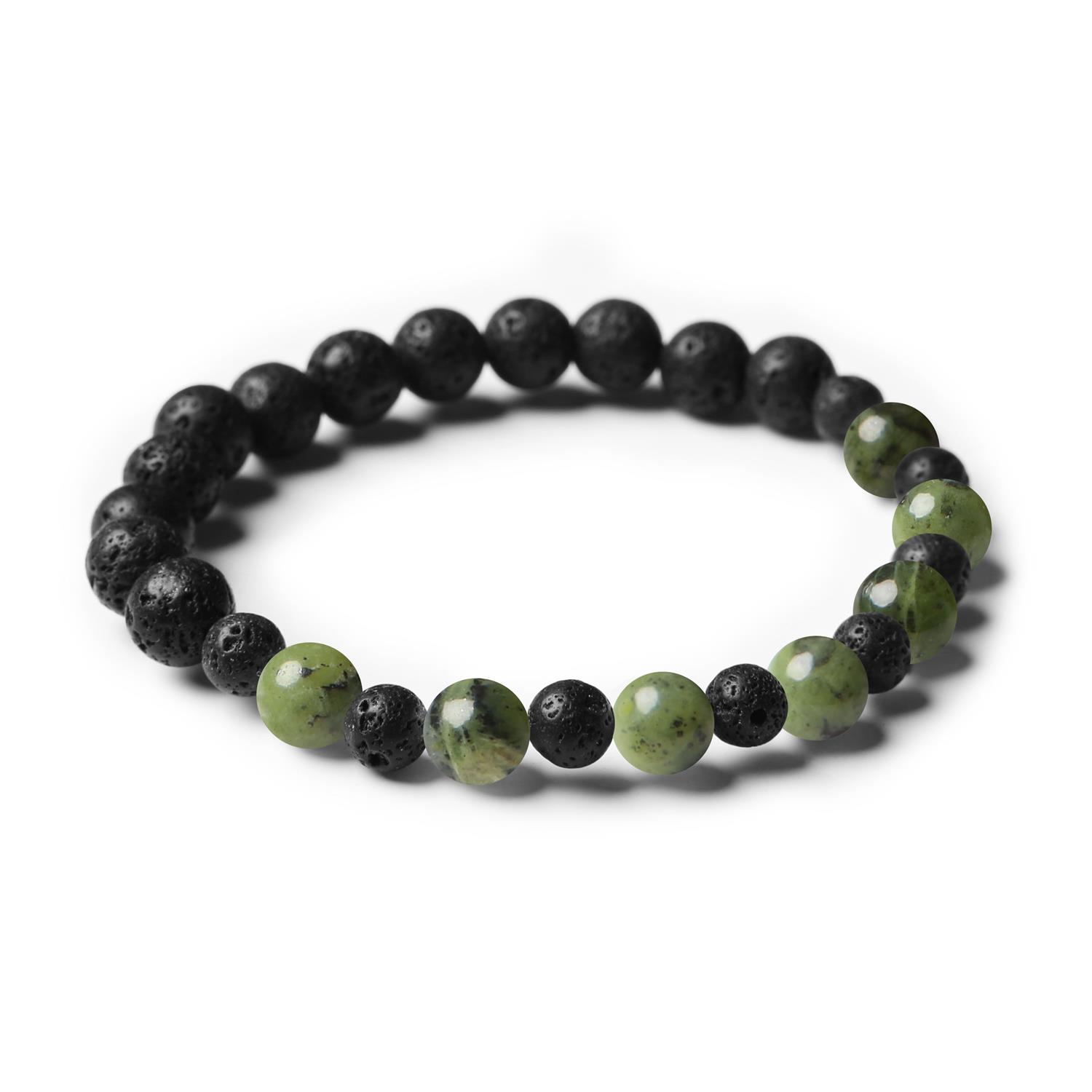 Unikalna bransoletka z kolekcji Mijaha, z naturalnymi kamieniami jadeitu zielonego oraz lawy wulkanicznej, dostępna dla obu płci.
