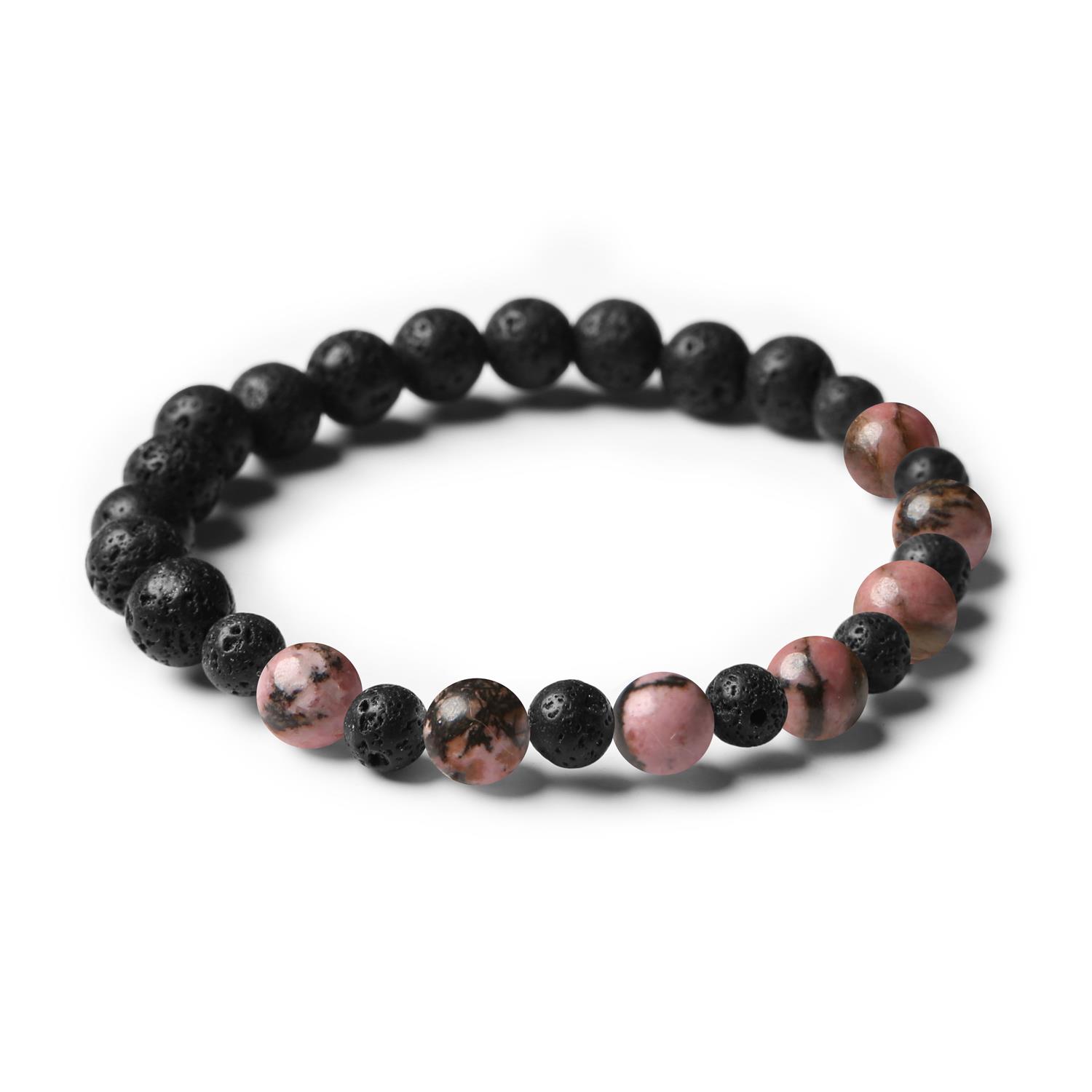 Elegancka bransoletka z kolekcji Mijaha, stworzona z naturalnych kamieni rodonitu i lawy wulkanicznej, dedykowana dla kobiet i mężczyzn.