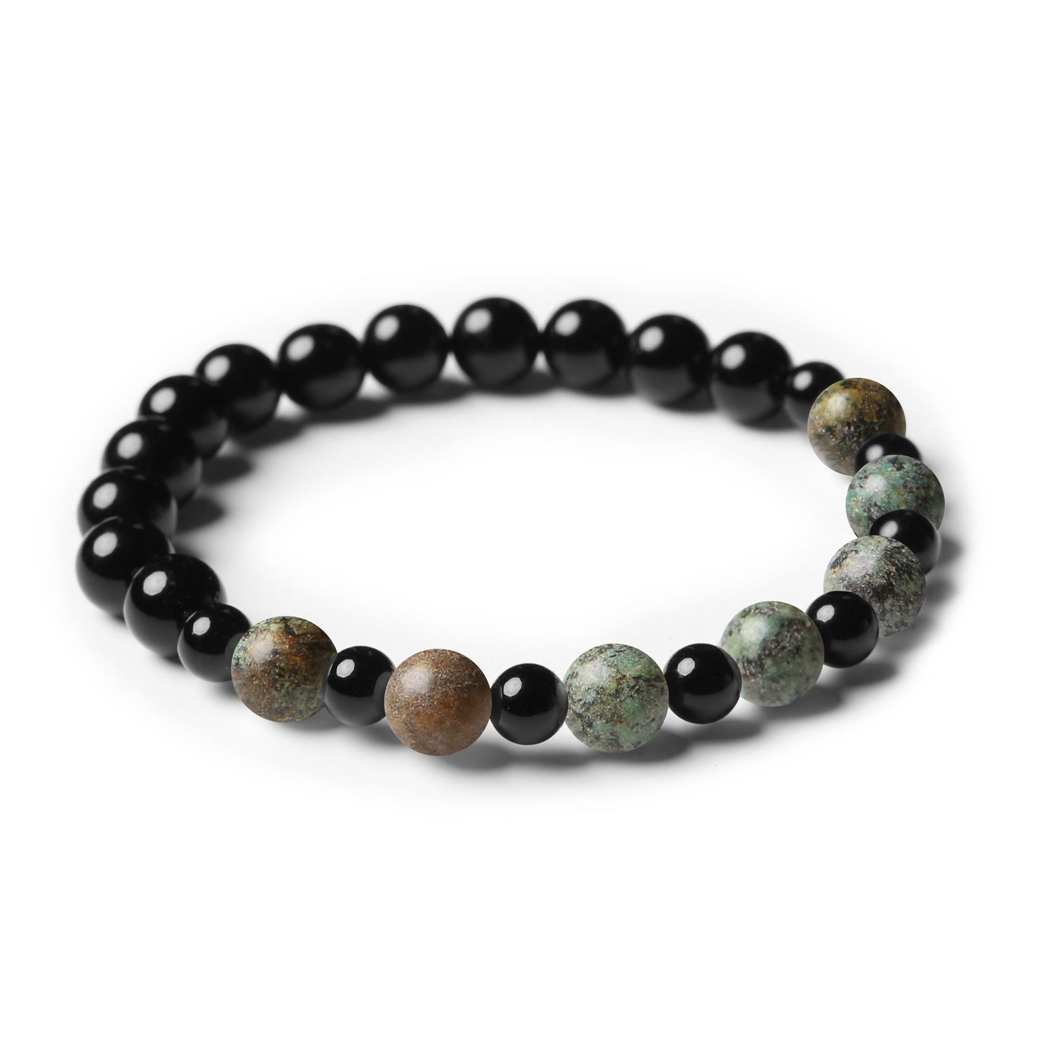 Kolekcja Mijaha: bransoletka z kamieni naturalnych na gumce, turkus afrykański i onyks, idealna dla kobiet i mężczyzn