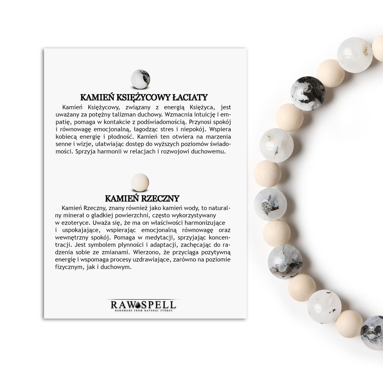 Mijaha - Bransoletka z kamieni naturalnych na gumce, Kamień Księżycowy Łaciaty oraz Rzeczny Stylowa bransoletka z kolekcji Mijaha, zawierająca kamień Księżycowy Łaciaty oraz kamień Rzeczny, dedykowana dla kobiet i mężczyzn.