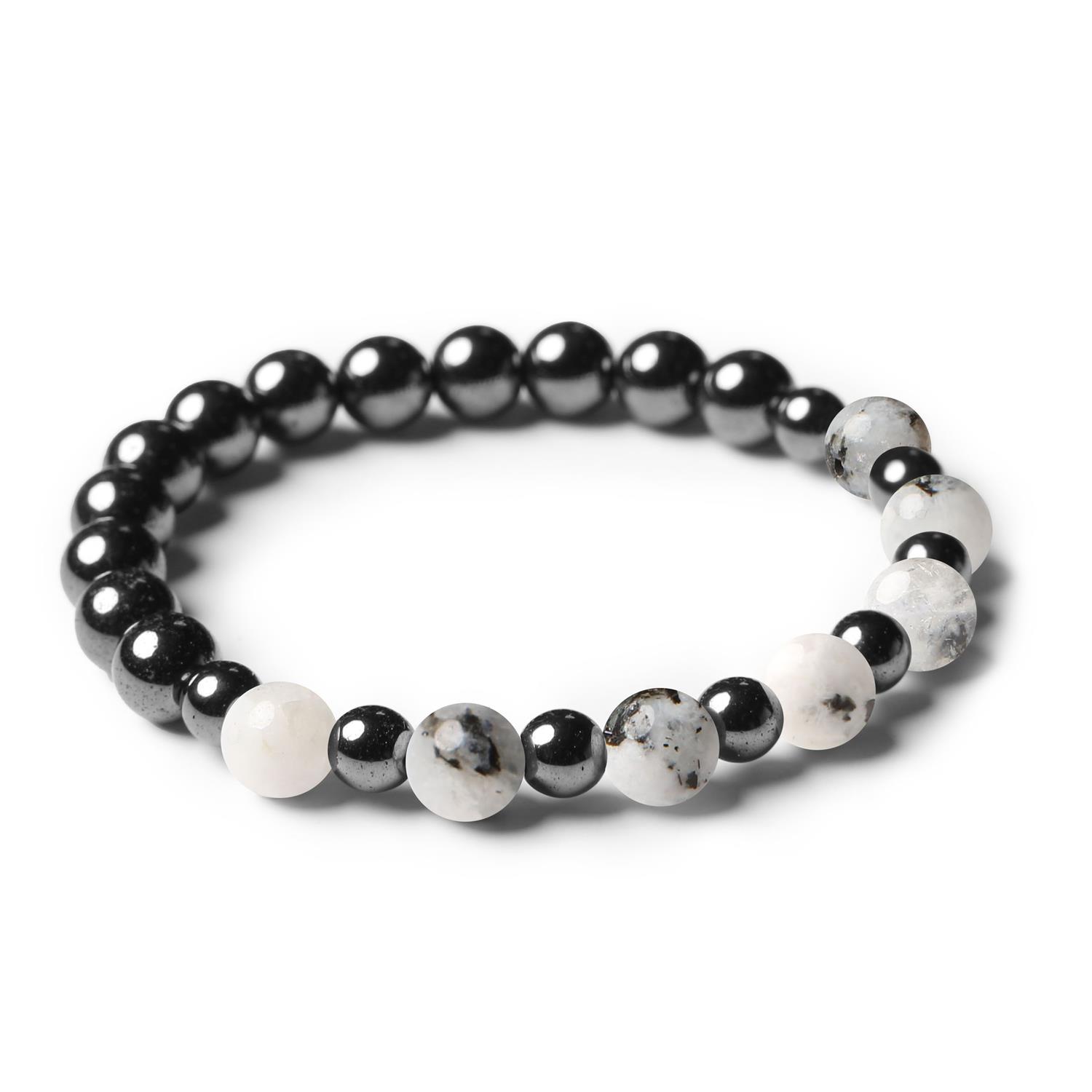 Biżuteria łącząca Kamień Księżycowy Łaciaty oraz Hematyt grafitowy, produkt z kolekcji Mijaha, stworzony z myślą o kobietach i mężczyznach.