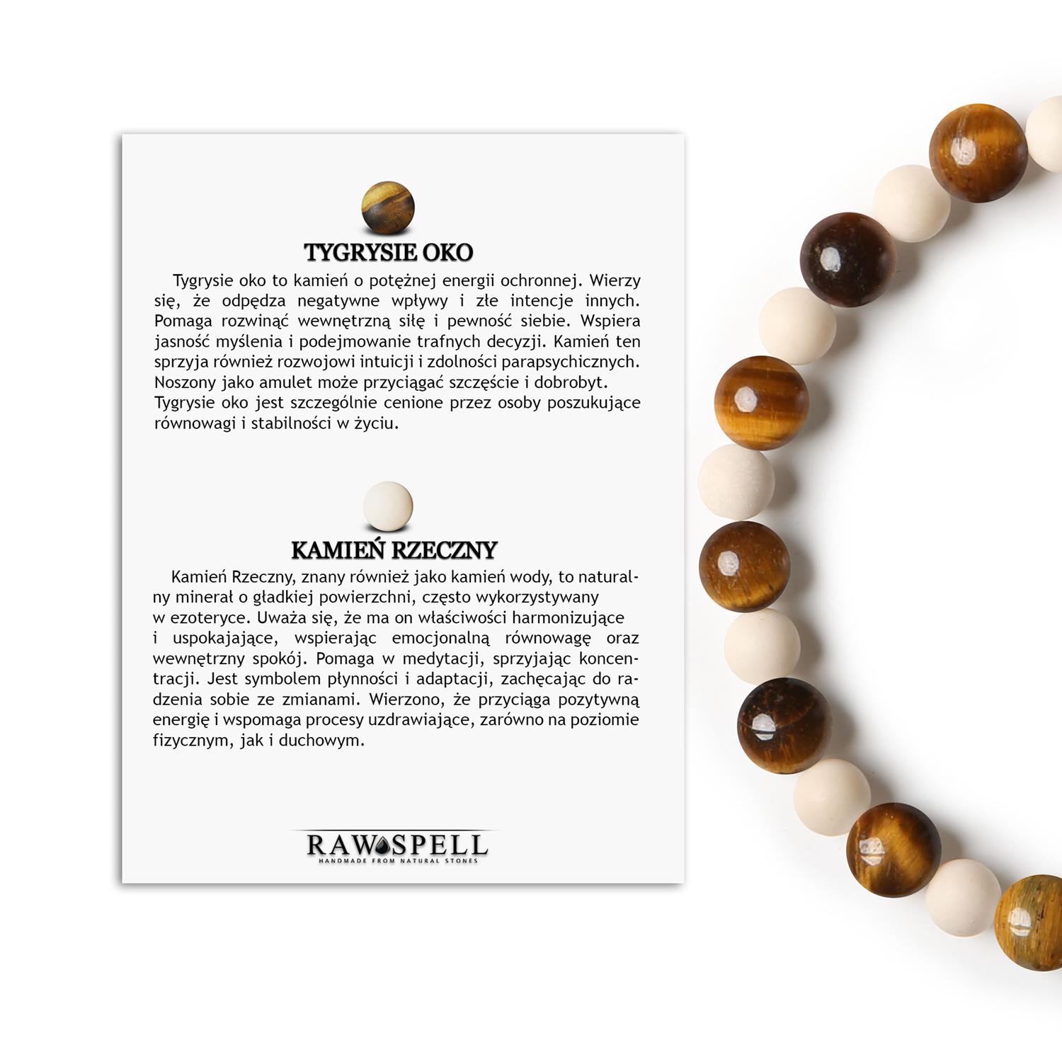 Mijaha - bransoletka na gumce z Tygrysim Okiem oraz Kamieniem Rzecznym dla kobiet i mężczyzn Elegancka bransoletka Mijaha z naturalnymi kamieniami Tygrysie Oko oraz Kamień Rzeczny, uniwersalny dodatek dla kobiet i mężczyzn.