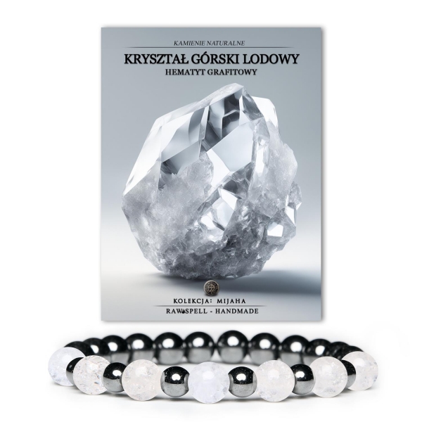 Kryształ górski lodowy obok hematytu grafitowego – stylowe minerały, które zachwycą zarówno kobiety, jak i mężczyzn.
