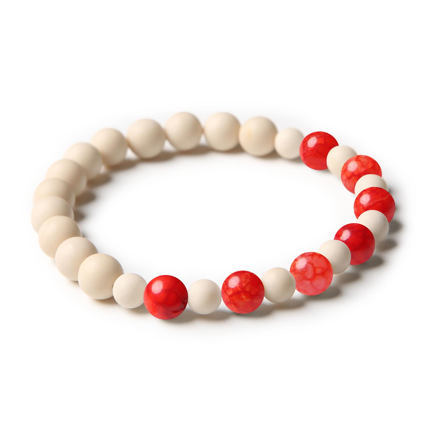 Bransoletka unisex z kolekcji Mijaha, zdobiona naturalnymi kamieniami: Agatem Czerwonym Crackle i Kamieniem Rzecznym, doskonały dodatek dla kobiet i mężczyzn.