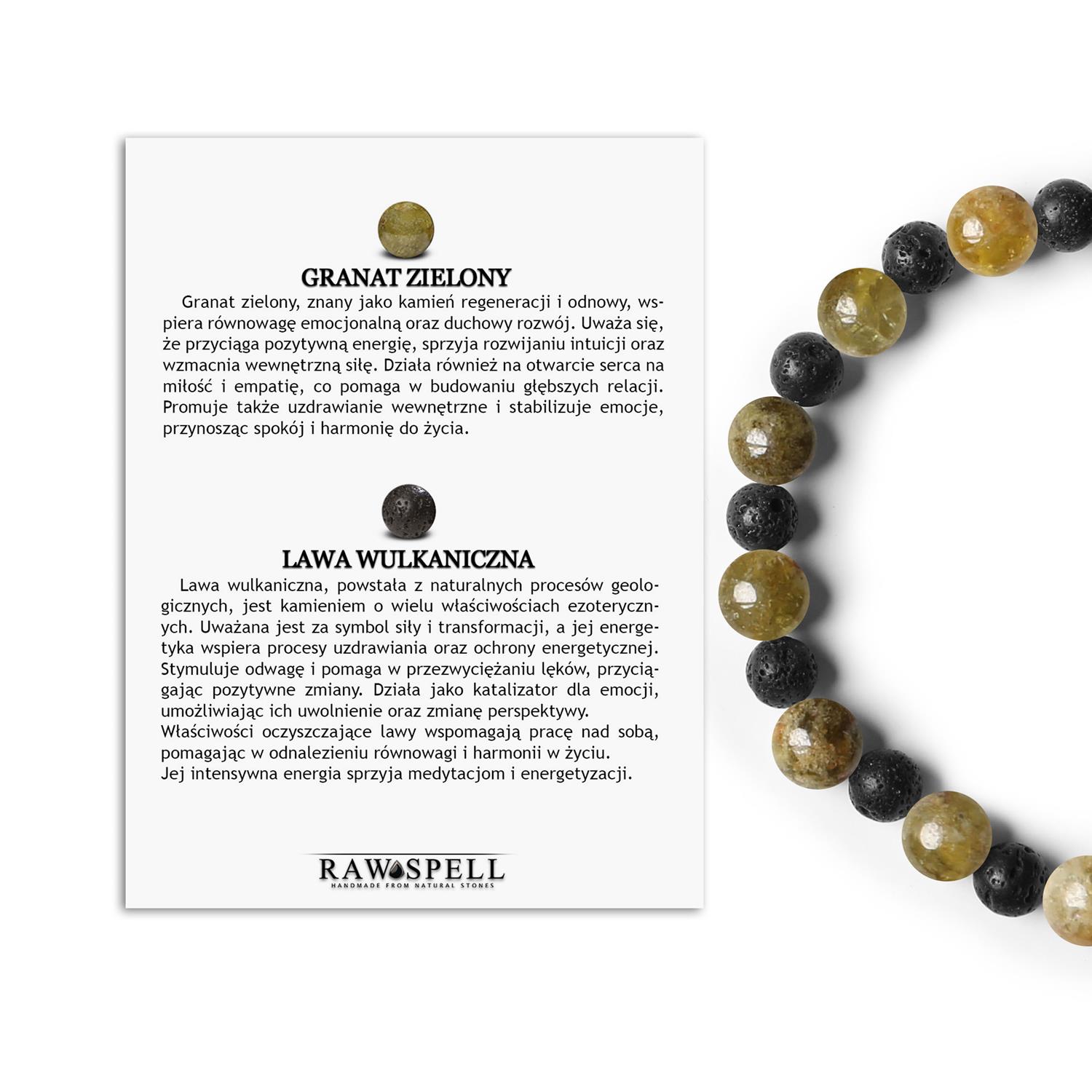 Mijaha prezentuje bransoletkę z kamieni naturalnych na gumce w barwach Granat Zielony i Lawa Wulkaniczna Granatowy i zielony wzór lawy wulkanicznej - modny motyw dla kobiet i mężczyzn.