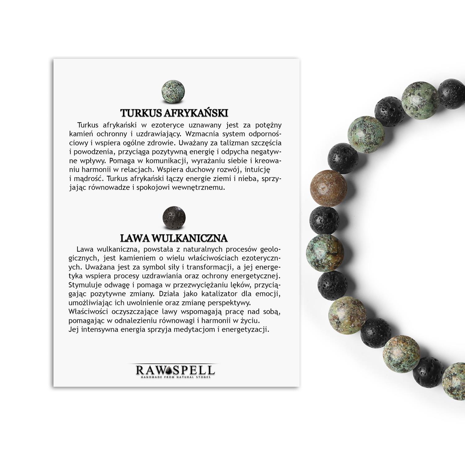 Mijaha – Bransoletka na gumce z Turkusu Afrykańskiego i Lawy Wulkanicznej dla Kobiet i Mężczyzn Stylowa bransoletka Mijaha z kamieniami naturalnymi – Turkus Afrykański i Lawa Wulkaniczna, dedykowana dla kobiet i mężczyzn.