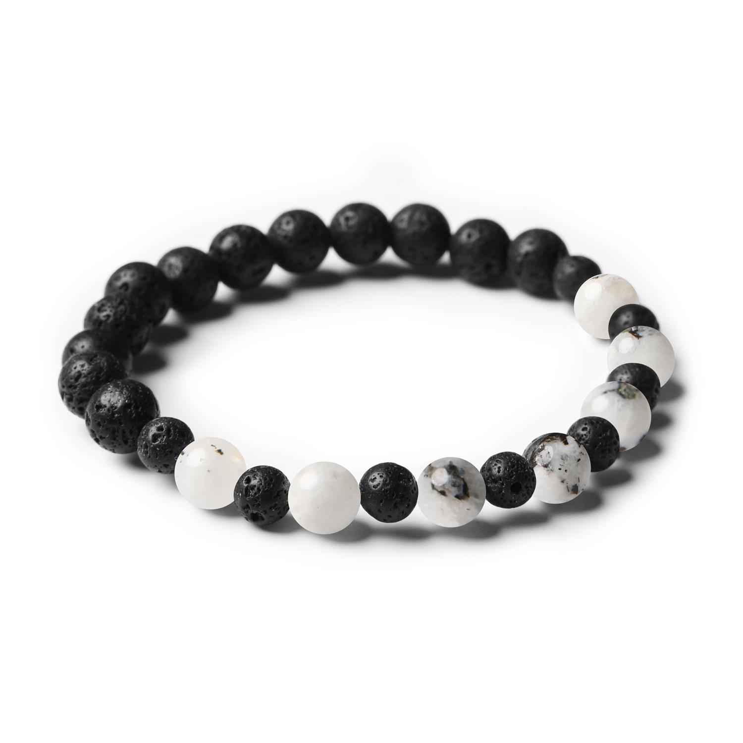 Bransoletka Mijaha z naturalnych kamieni: Kamień Księżycowy Łaciaty i Lawa Wulkaniczna, doskonała biżuteria dla obu płci.