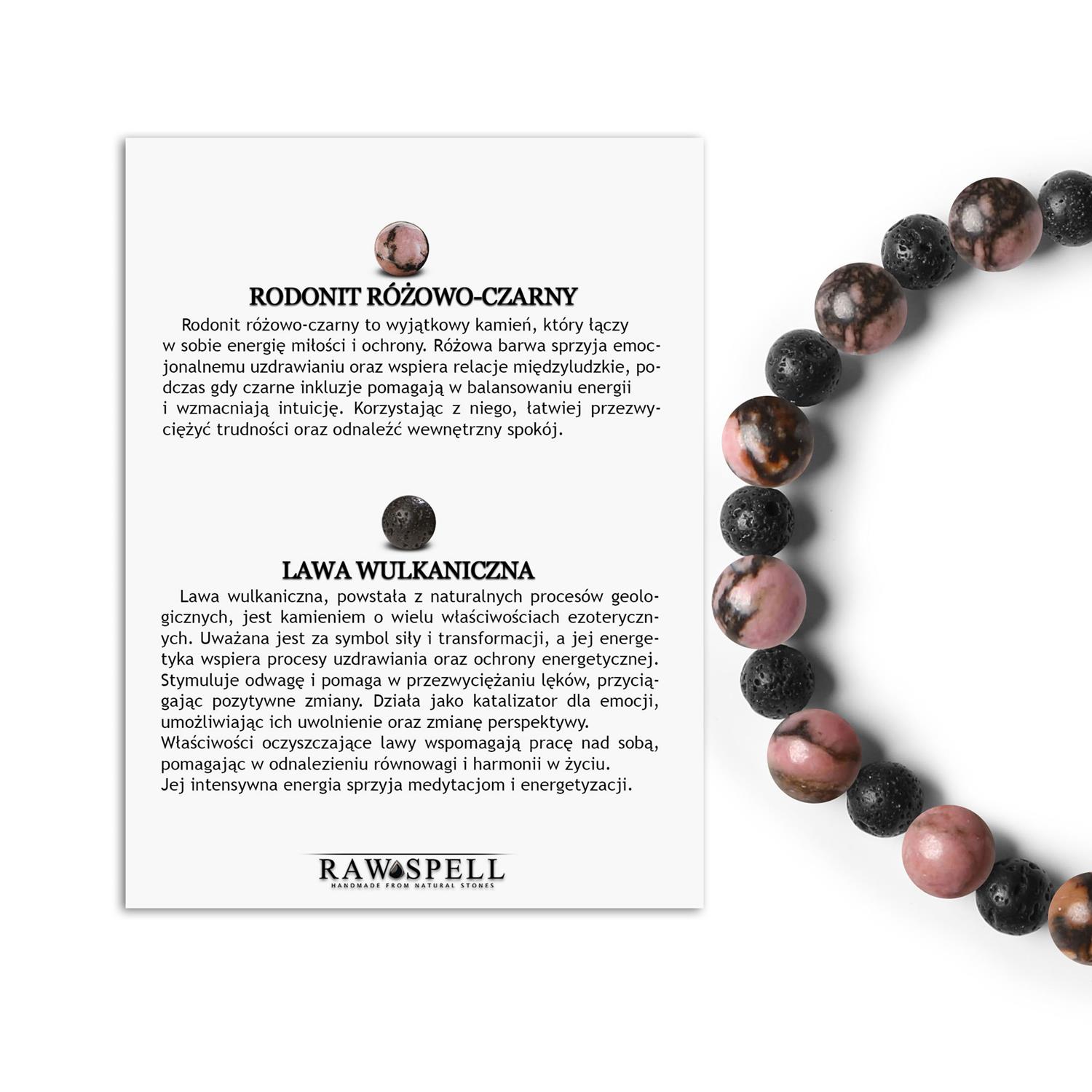 Naturalna bransoletka Mijaha z Rodonitem Różowo-Czarnym i Lawą Wulkaniczną dla Kobiet i Mężczyzn Bransoletka Mijaha z rodonitem w odcieniach różu i czerni oraz lawą wulkaniczną - modny dodatek dla każdego.