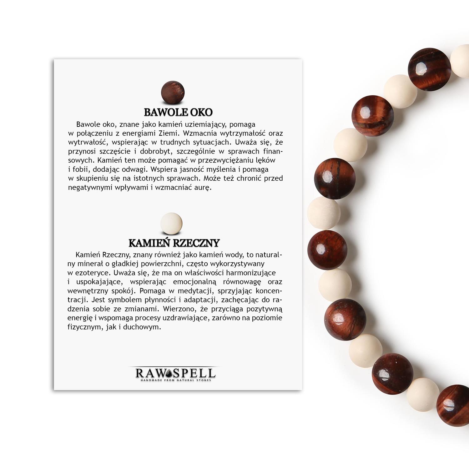 Naturalna bransoletka na gumce Mijaha z Bawolim Okiem i Kamieniem Rzecznym, doskonała dla kobiet i mężczyzn Bransoletka Mijaha z naturalnych kamieni, w tym Bawole Oko i Kamień Rzeczny, idealna dla kobiet i mężczyzn.