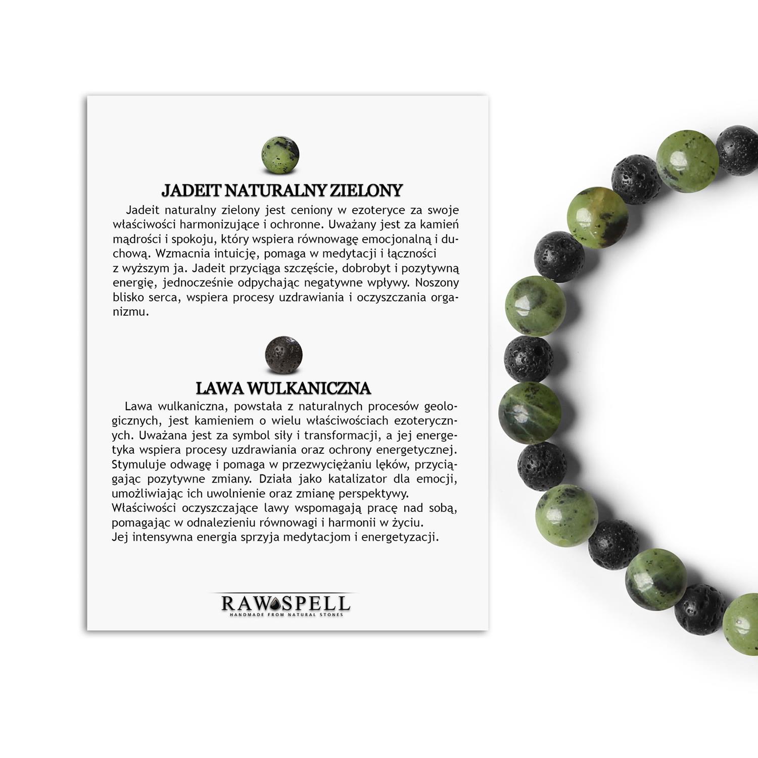 Naturalna bransoletka na gumce Mijaha z Jadeitu Zielonego i Lawy Wulkanicznej - unisex Stylowa bransoletka Mijaha z zielonego jadeitu i lawy wulkanicznej, idealna dla kobiet i mężczyzn ceniących unikalne dodatki.