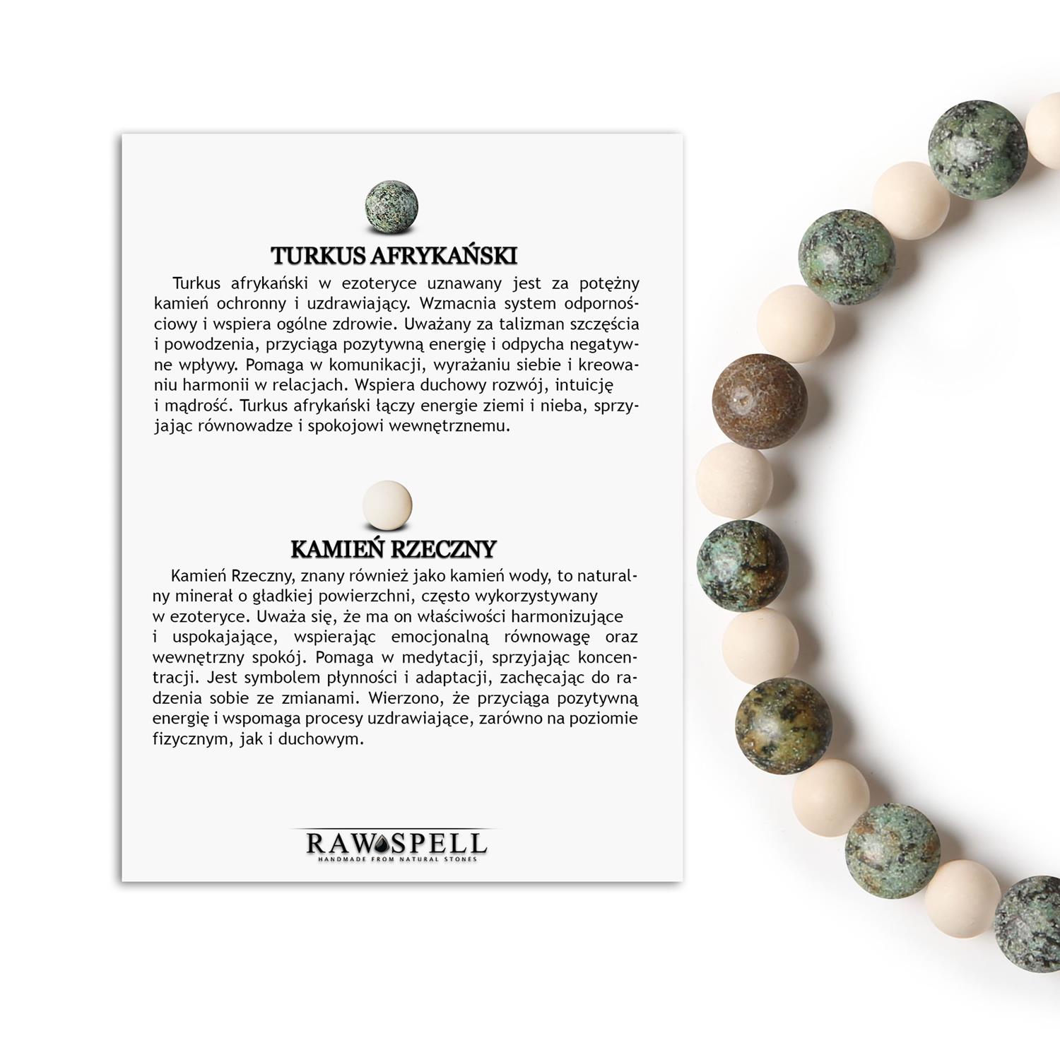 Naturalna bransoletka na gumce z Turkusem Afrykańskim i Kamieniem Rzecznym z kolekcji Mijaha, doskonała Bransoletka Mijaha z naturalnymi kamieniami: turkus afrykański i kamień rzeczny, idealna dla kobiet i mężczyzn.