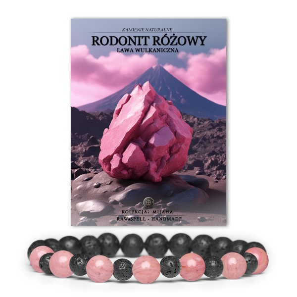 Bransoletka Mijaha z różowym rodonitem i lawą wulkaniczną - elegancki dodatek dla kobiet i mężczyzn.