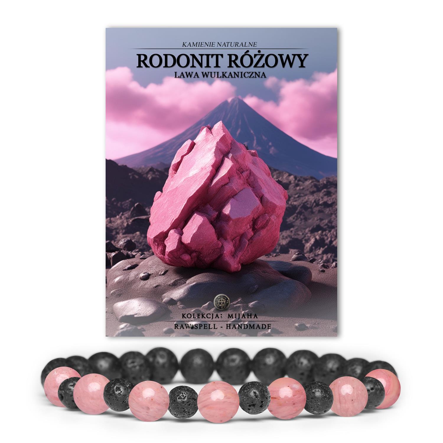 Bransoletka Mijaha z różowym rodonitem i lawą wulkaniczną - elegancki dodatek dla kobiet i mężczyzn.