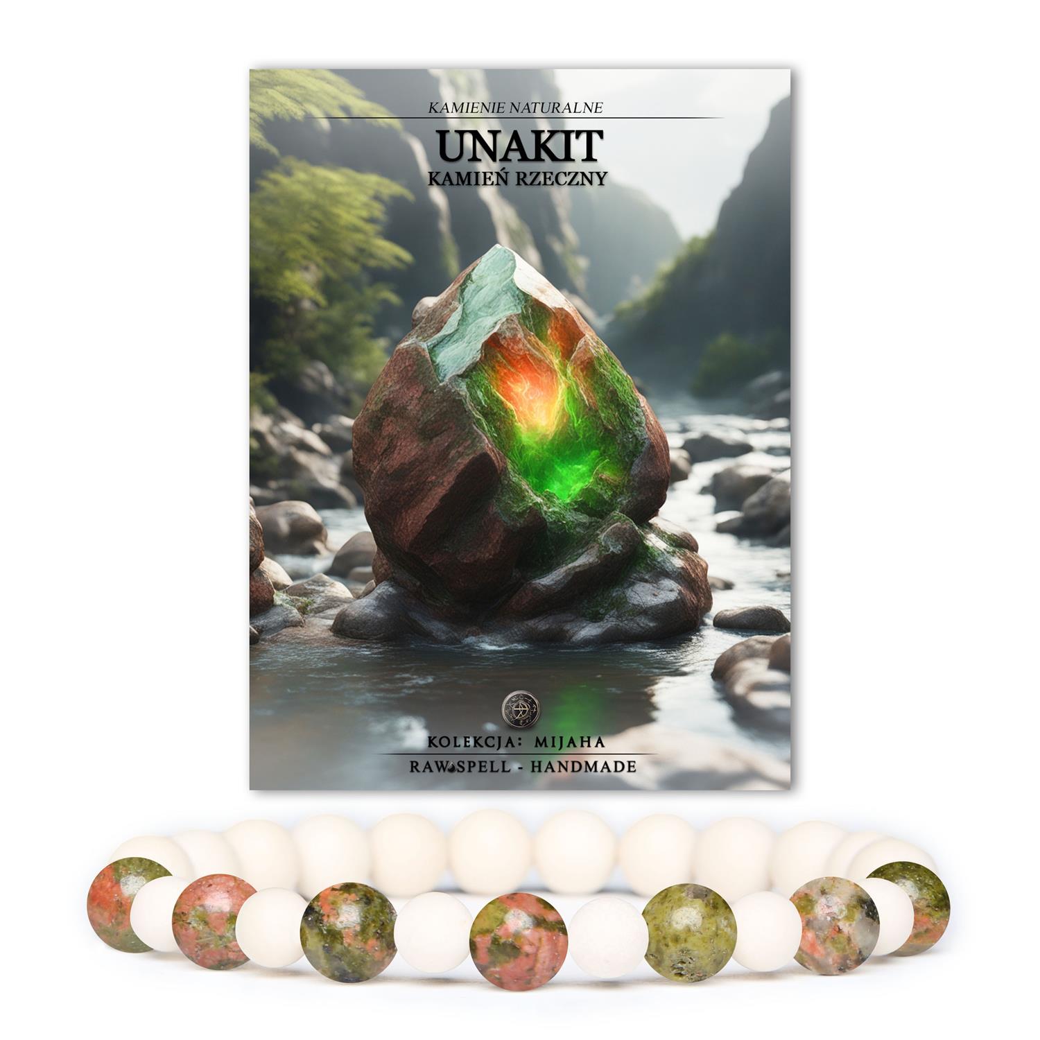 Bransoletka z kolekcji Mijaha, wykonana z naturalnych kamieni unakit i kamienia rzecznego, idealna dla kobiet i mężczyzn.